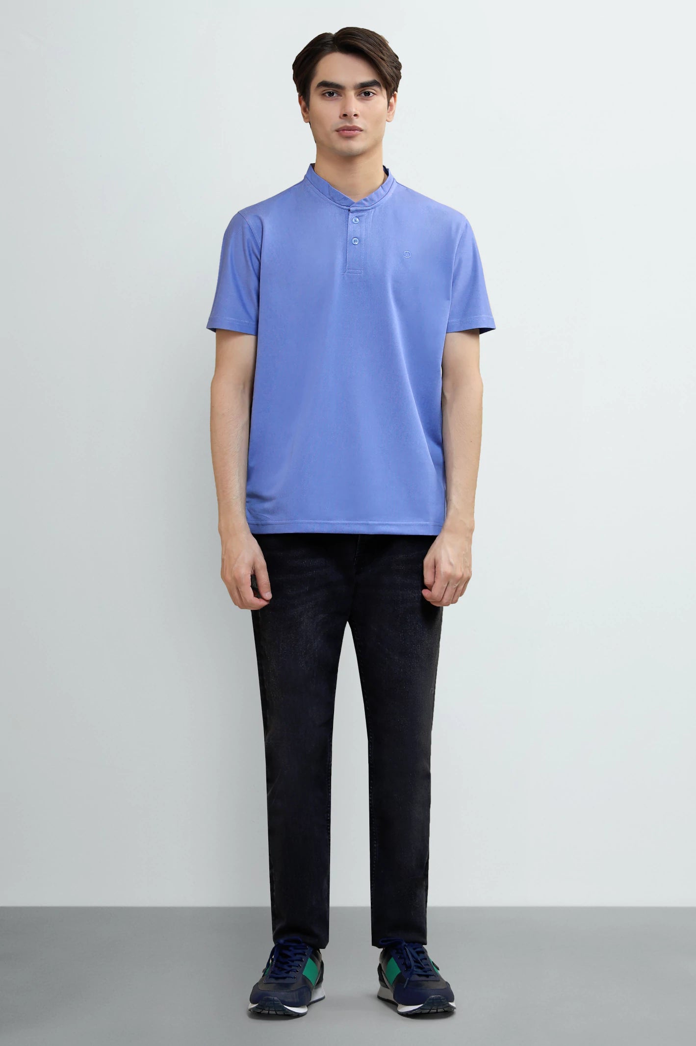 Men's Blue Solid Stand-Up Collar Polo T-Shirt - Image 2