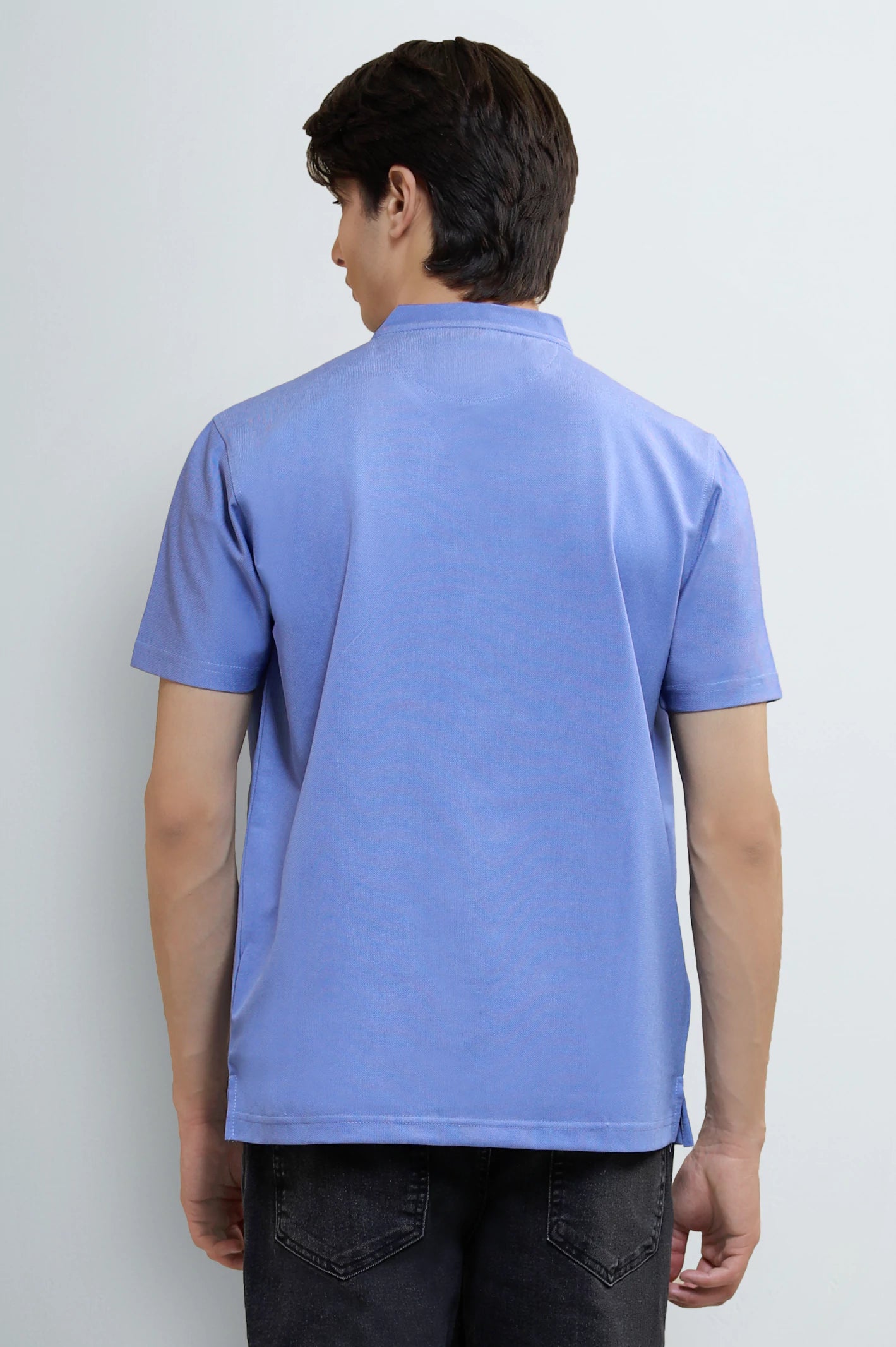 Men's Blue Solid Stand-Up Collar Polo T-Shirt - Image 4