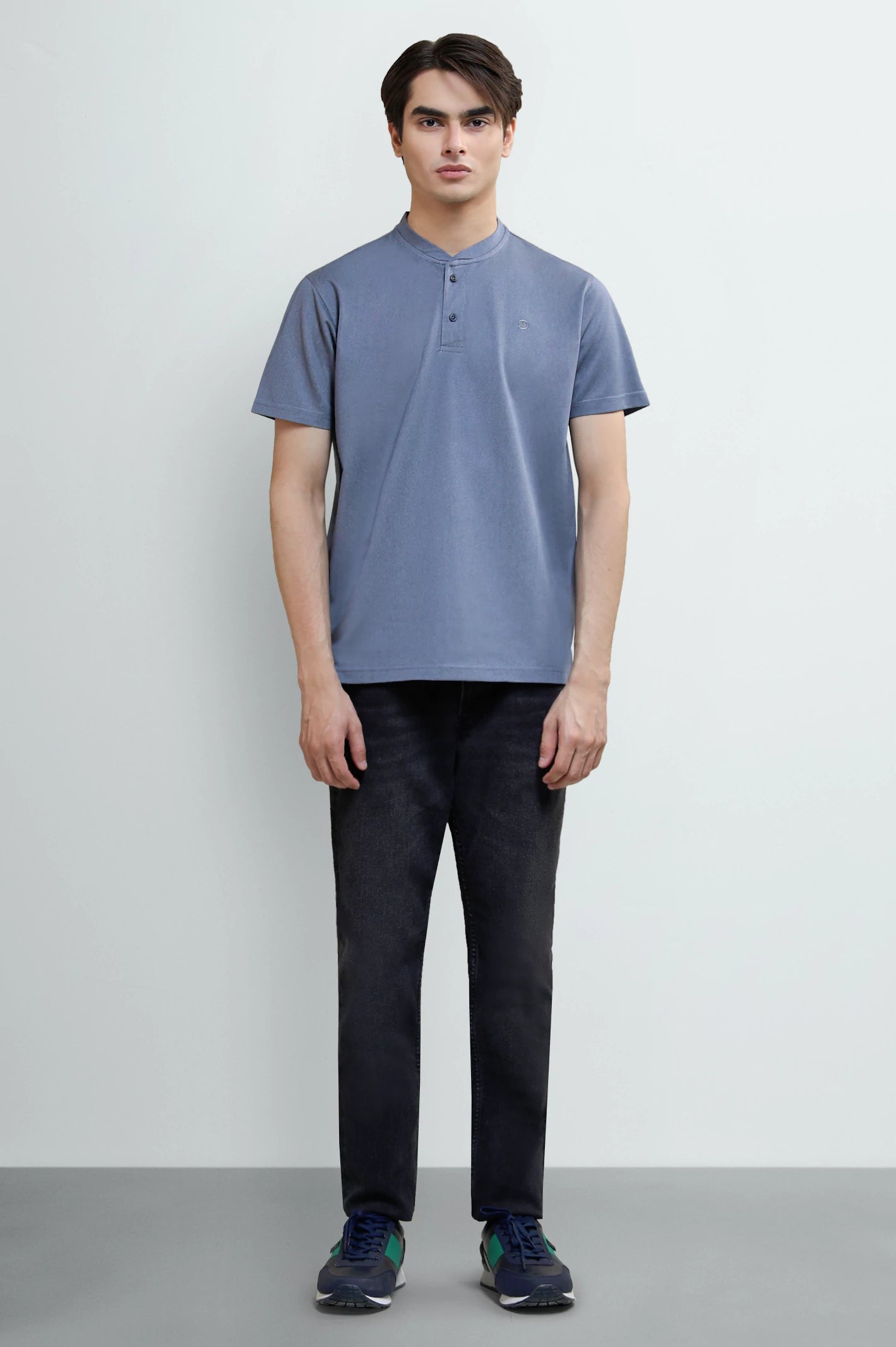 Men's Charcoal Band-Collar Henley T-Shirt - Image 2