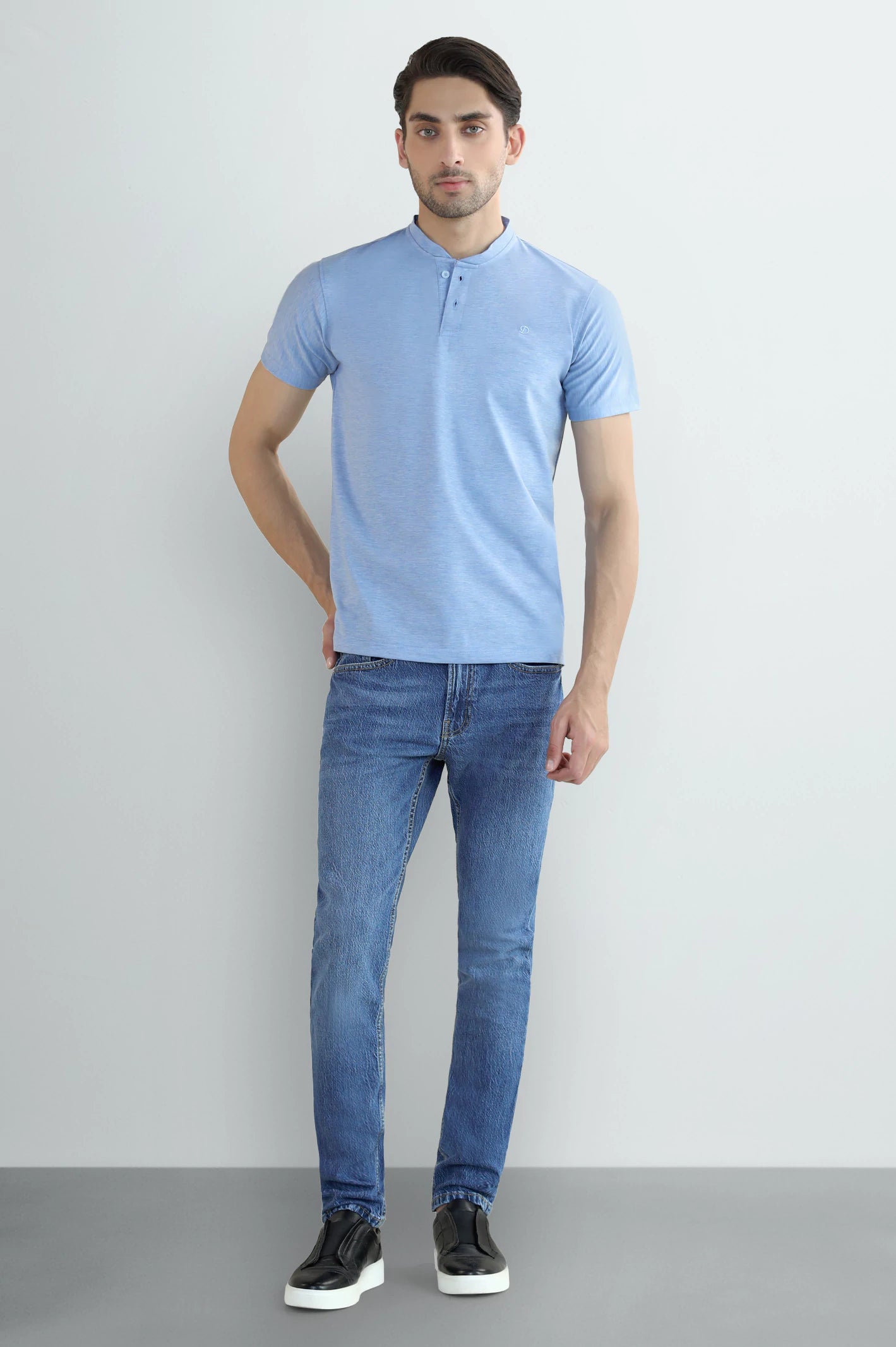 Men's Light Blue Band-Collar Henley T-Shirt - Image 2