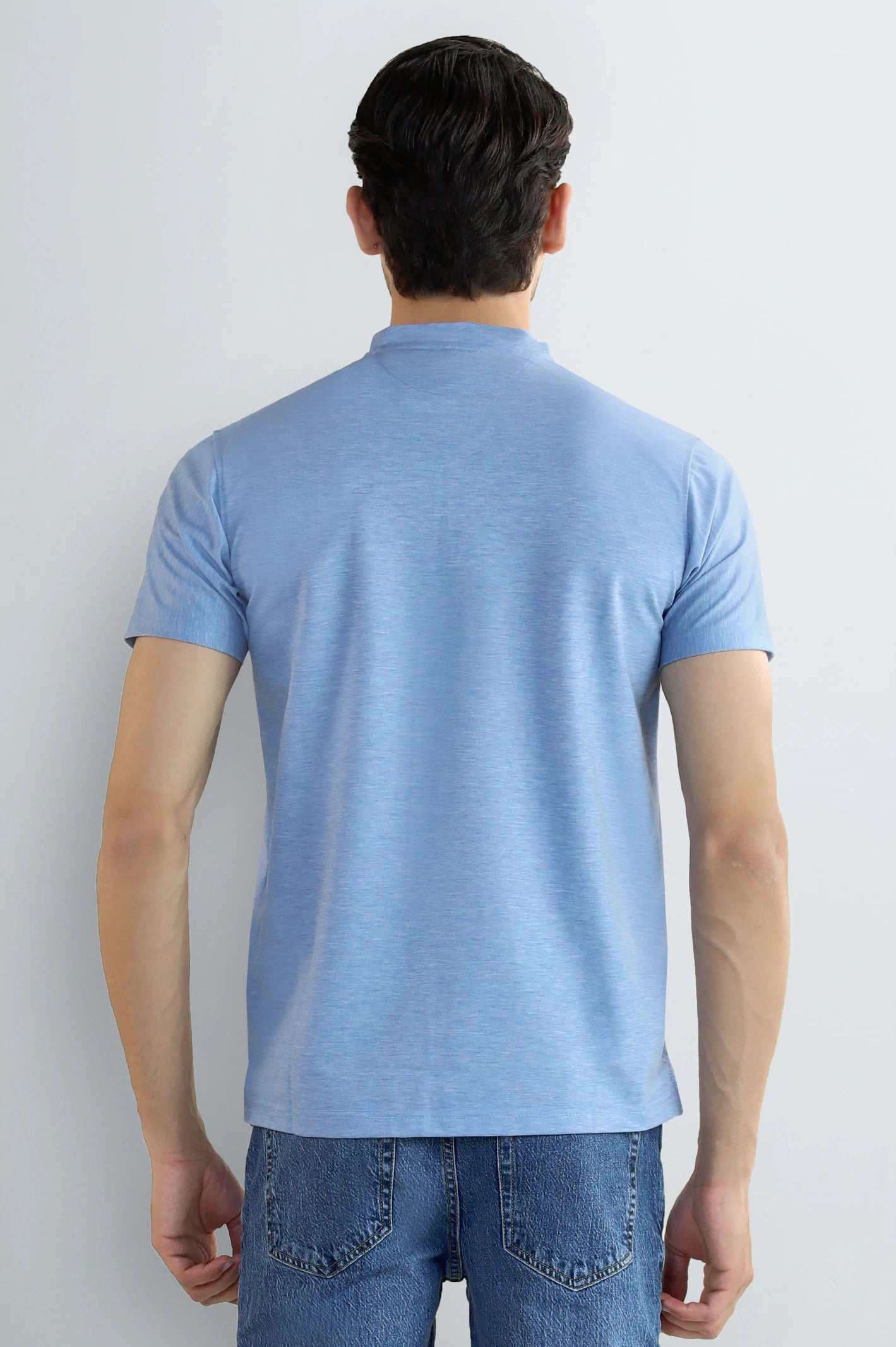 Men's Light Blue Band-Collar Henley T-Shirt - Image 3