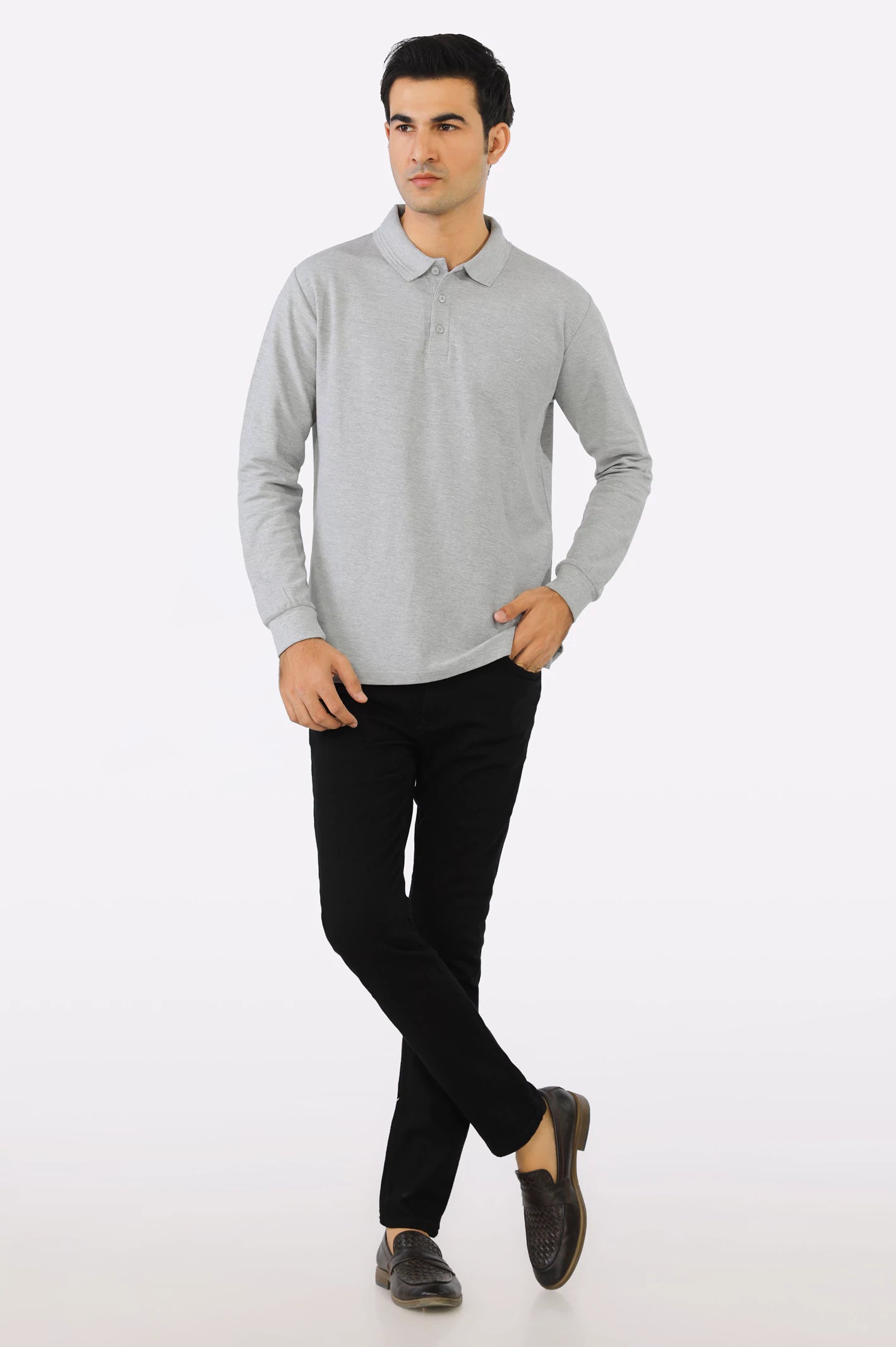 Heather Grey Long Sleeves Polo - Image 2