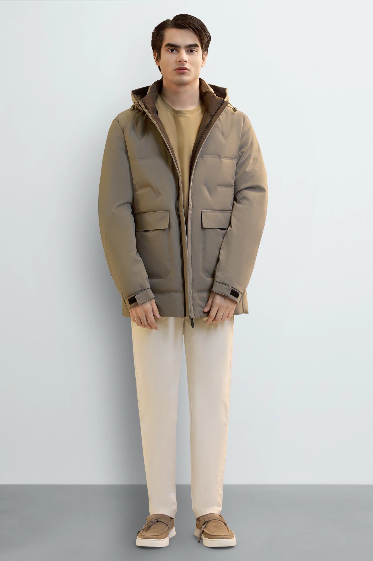 Khaki Hooded Puffer Jacket for Men - Image 2