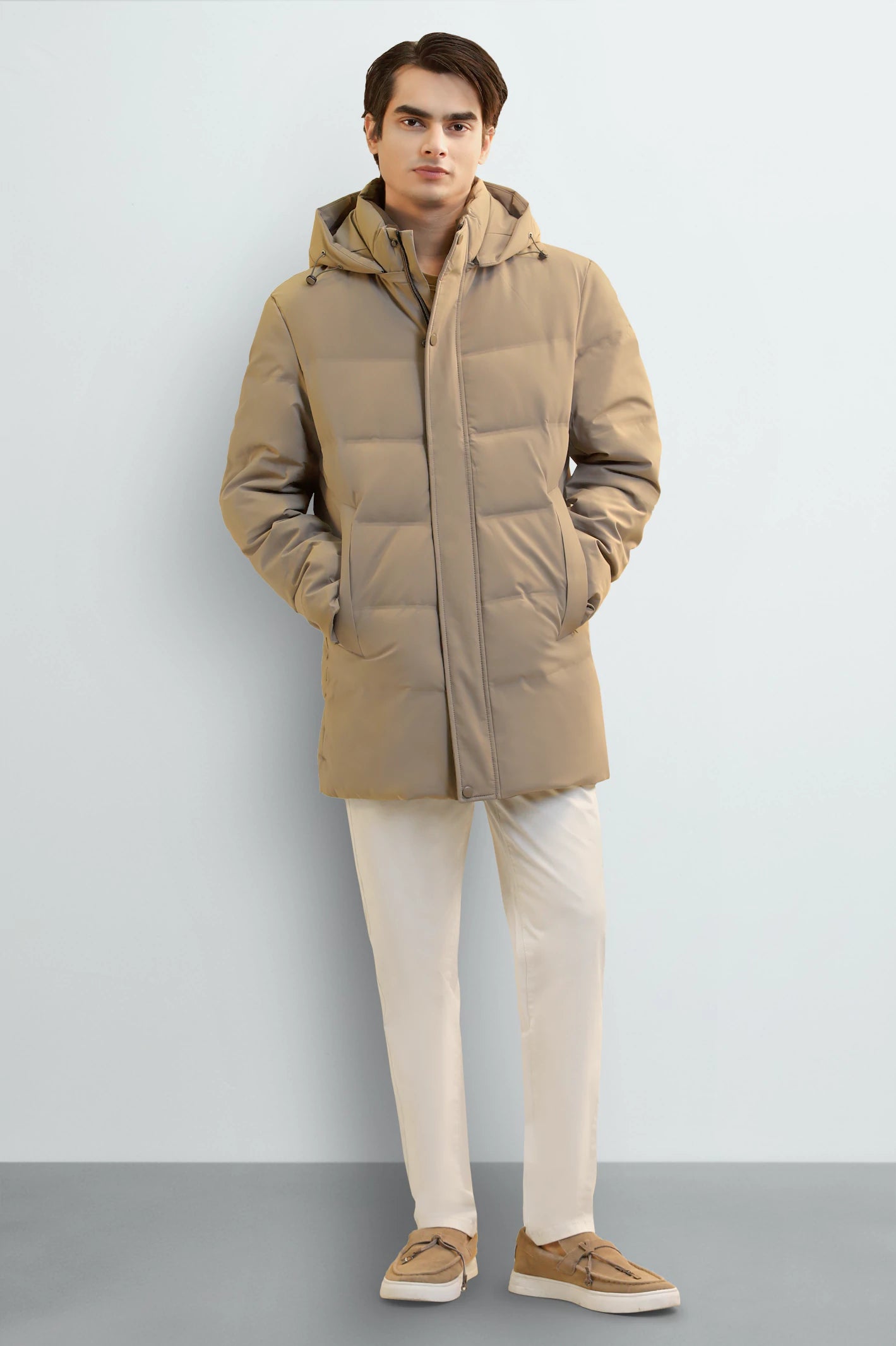 Men's Khaki Hooded Long Jacket - Image 2