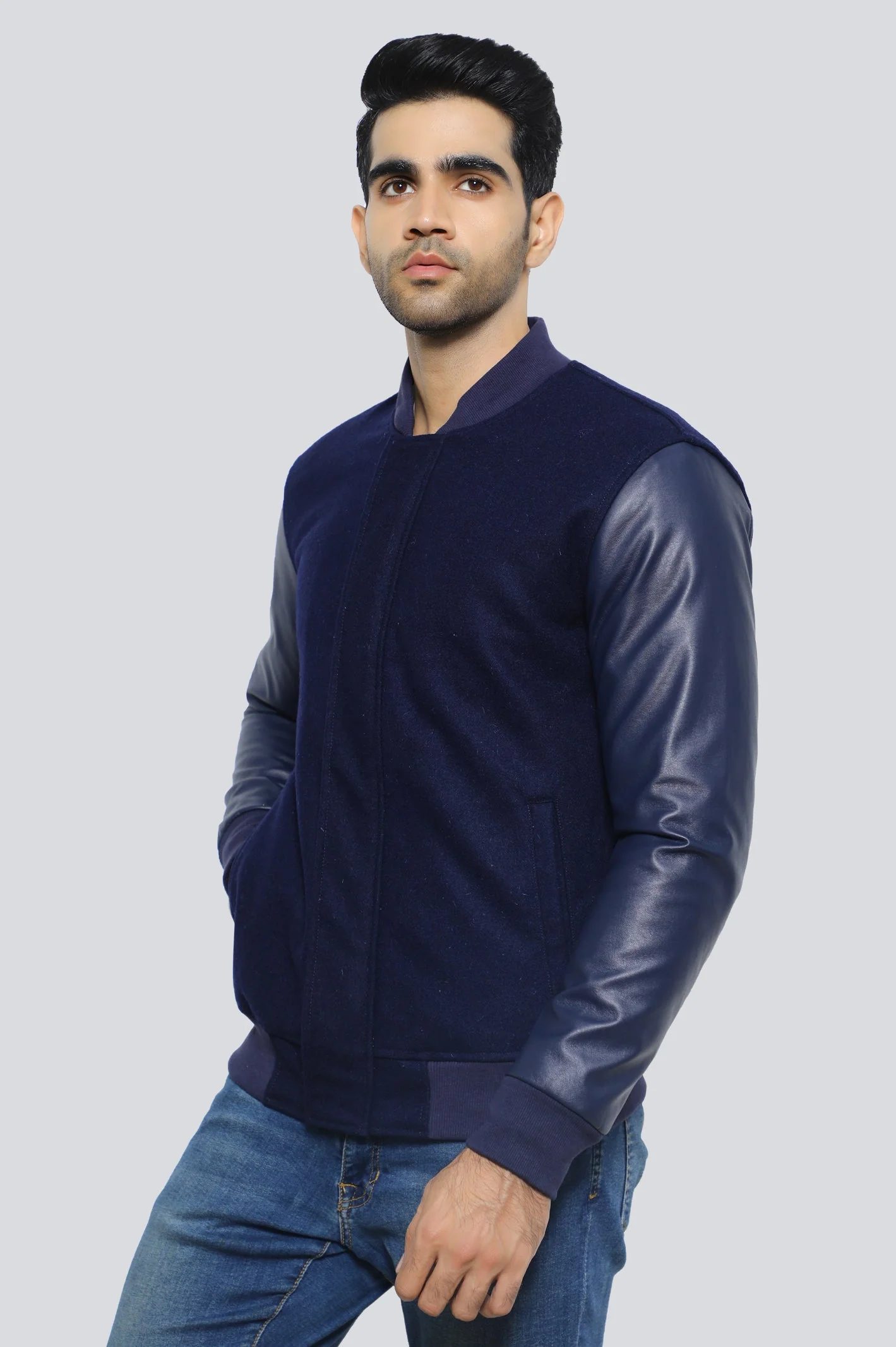 Navy Blue Leather Jacket - Image 2