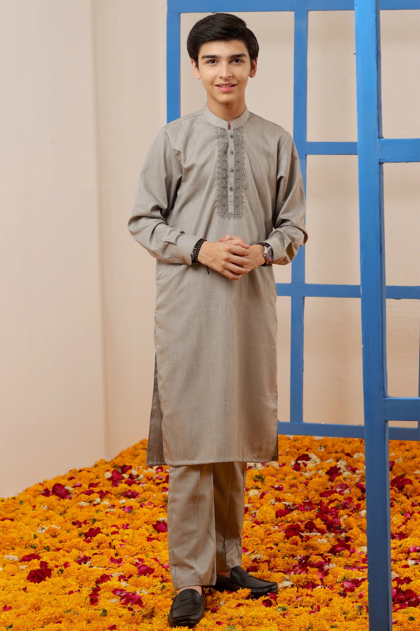 Boys Light Brown Kurta Pajama - Image 3