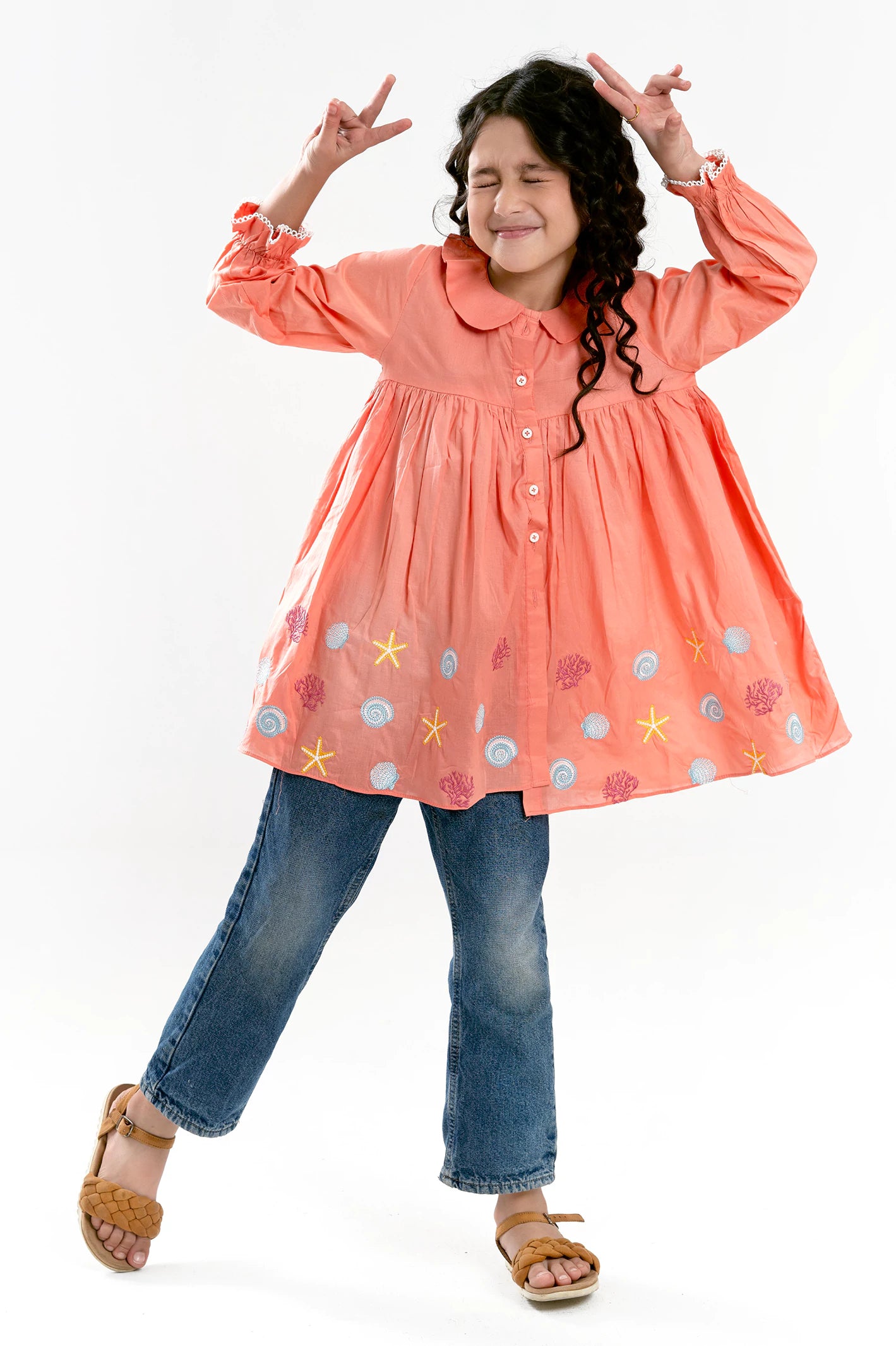 Peach Embroidered Girls Kurti - Image 3