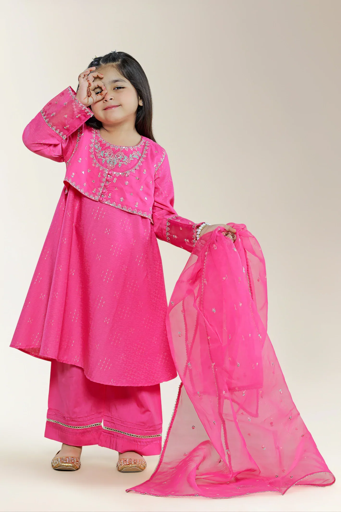 Embroidered Cotton Pink Girls 3PC