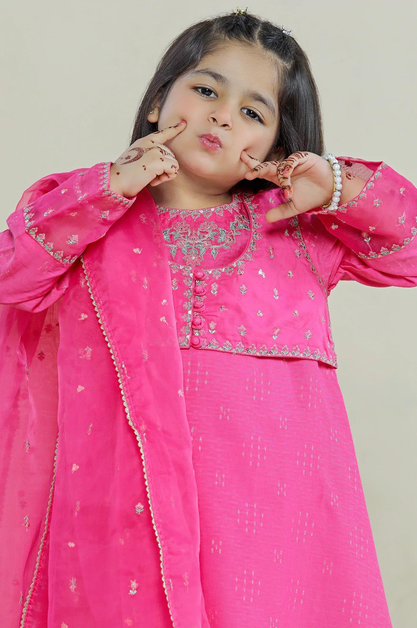 Embroidered Cotton Pink Girls 3PC - Image 2