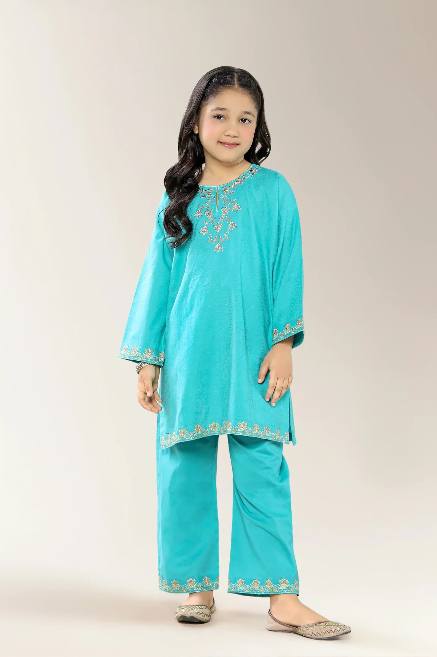 Embroidered Cambric Green Girls 2PC