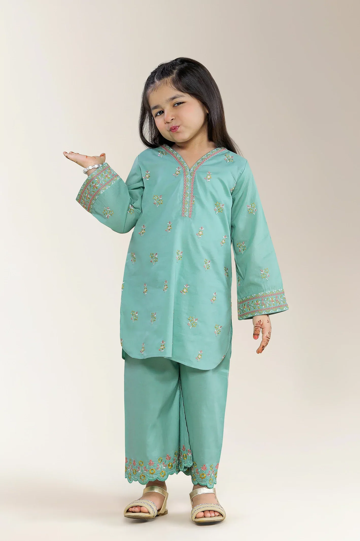 Embroidered Cambric Blue Girls 2PC