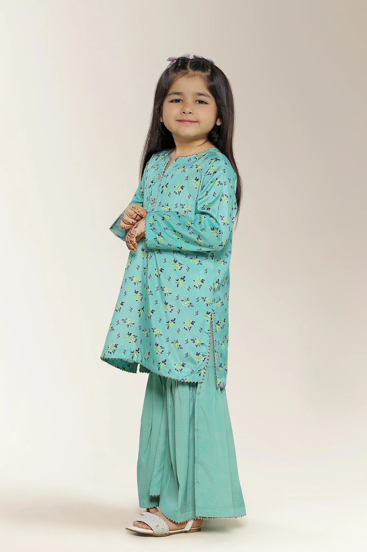Printed Silk Green Girls 2PC - Image 3