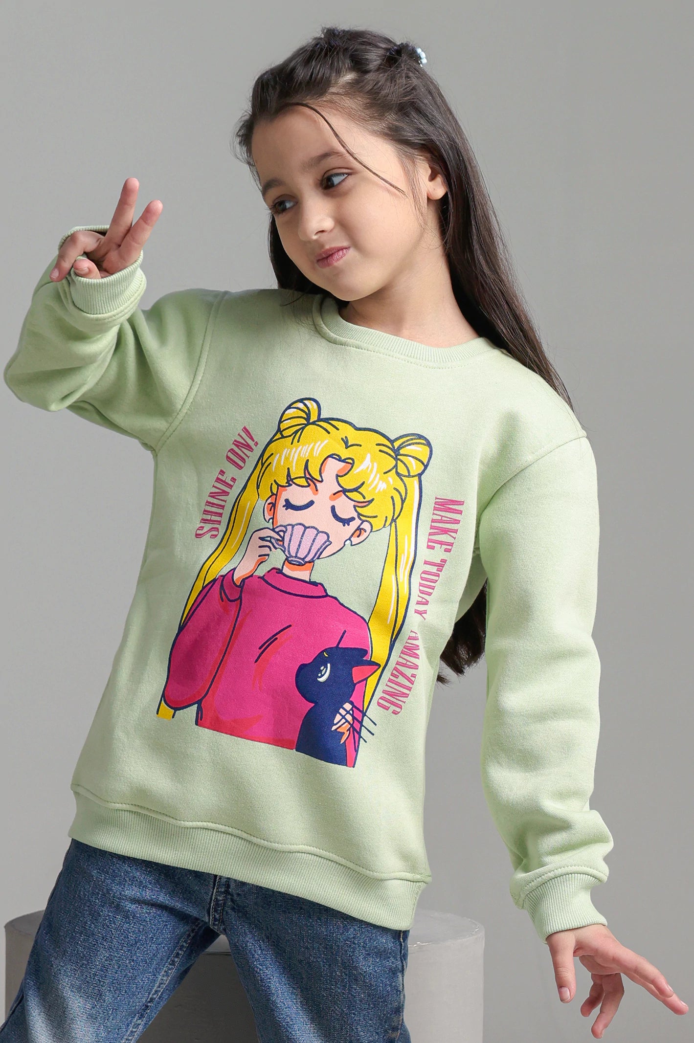 Light Green Graphic Girls Sweatshirt