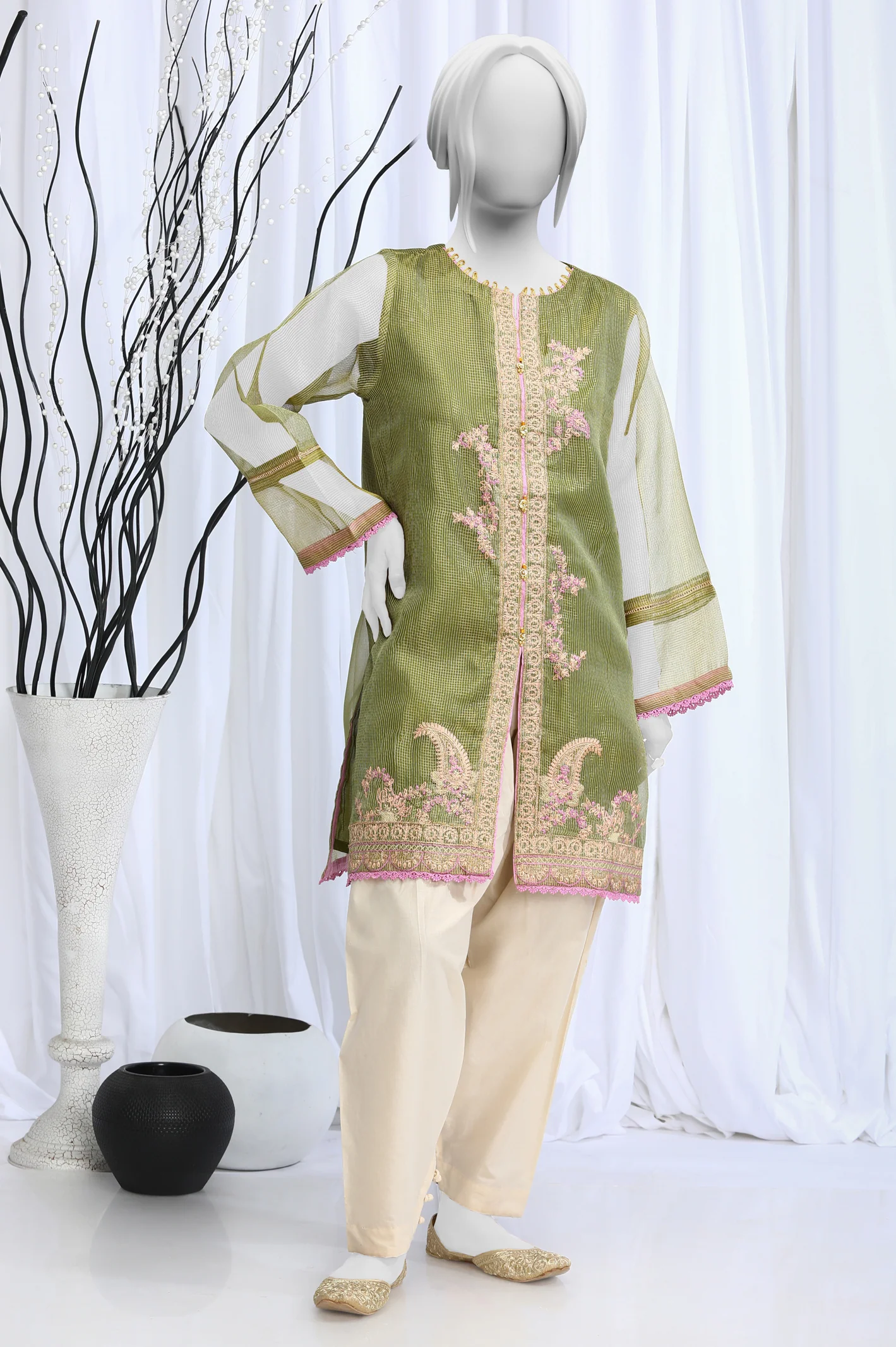 Embroidered Check Zari Green Kurti - Image 2
