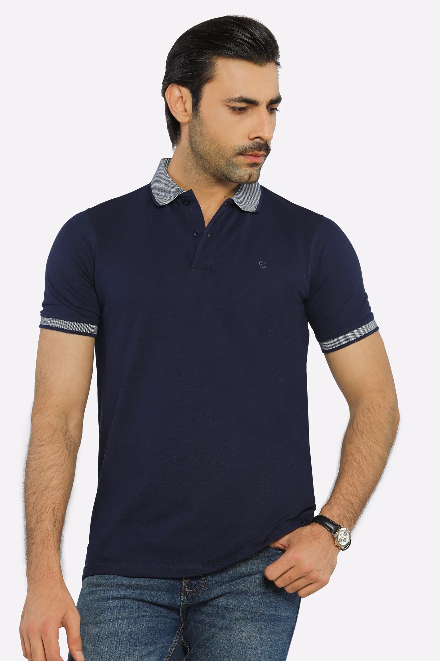 Navy Blue Jacquard Collar Polo
