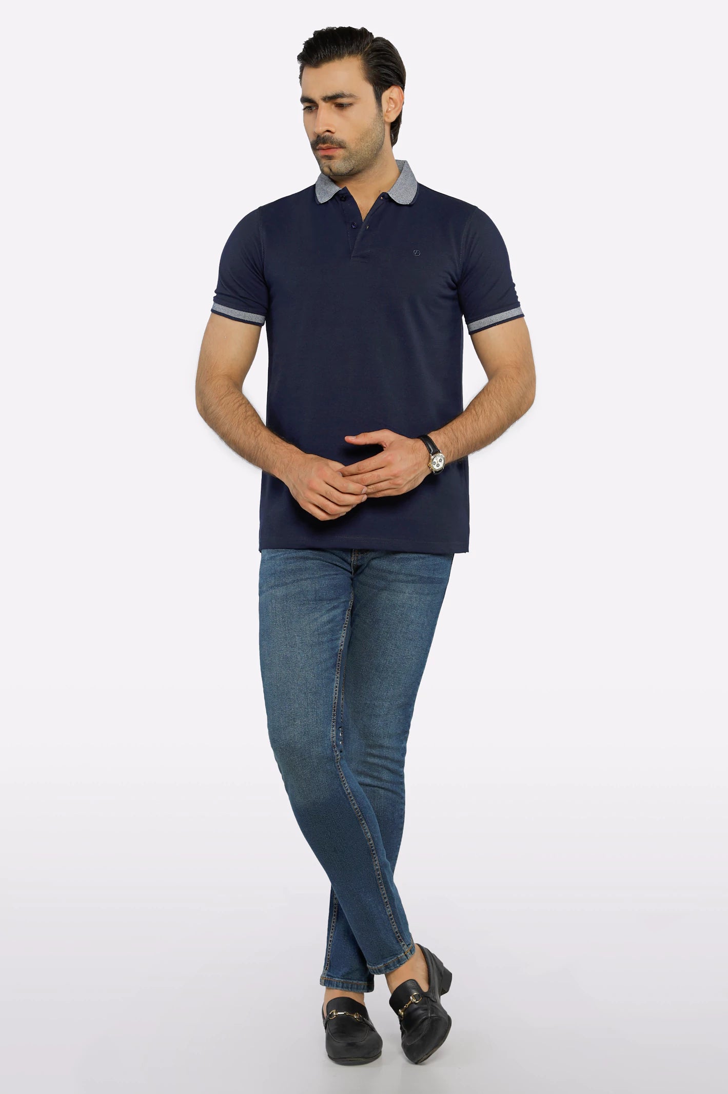 Navy Blue Jacquard Collar Polo - Image 2