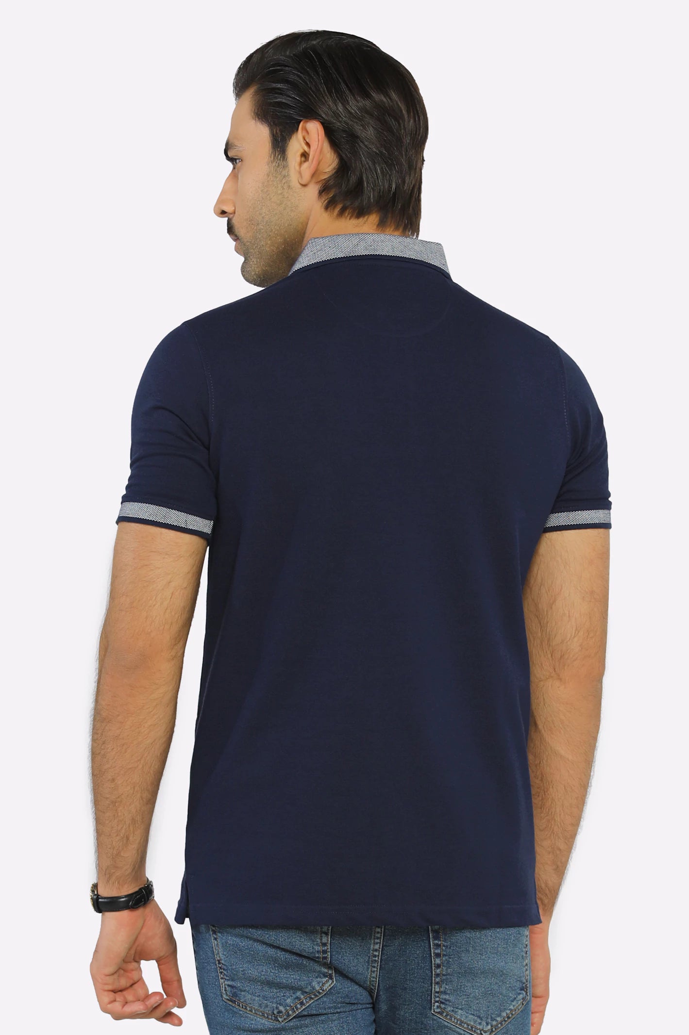 Navy Blue Jacquard Collar Polo - Image 3