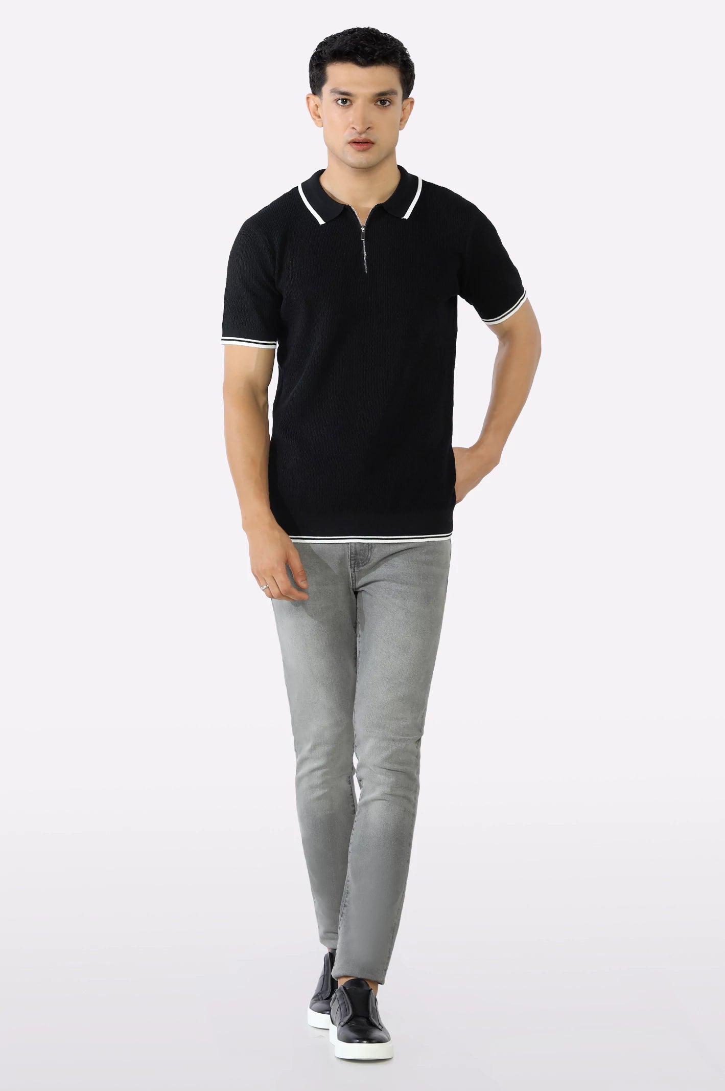 Black Flat Knit Polo - Image 2