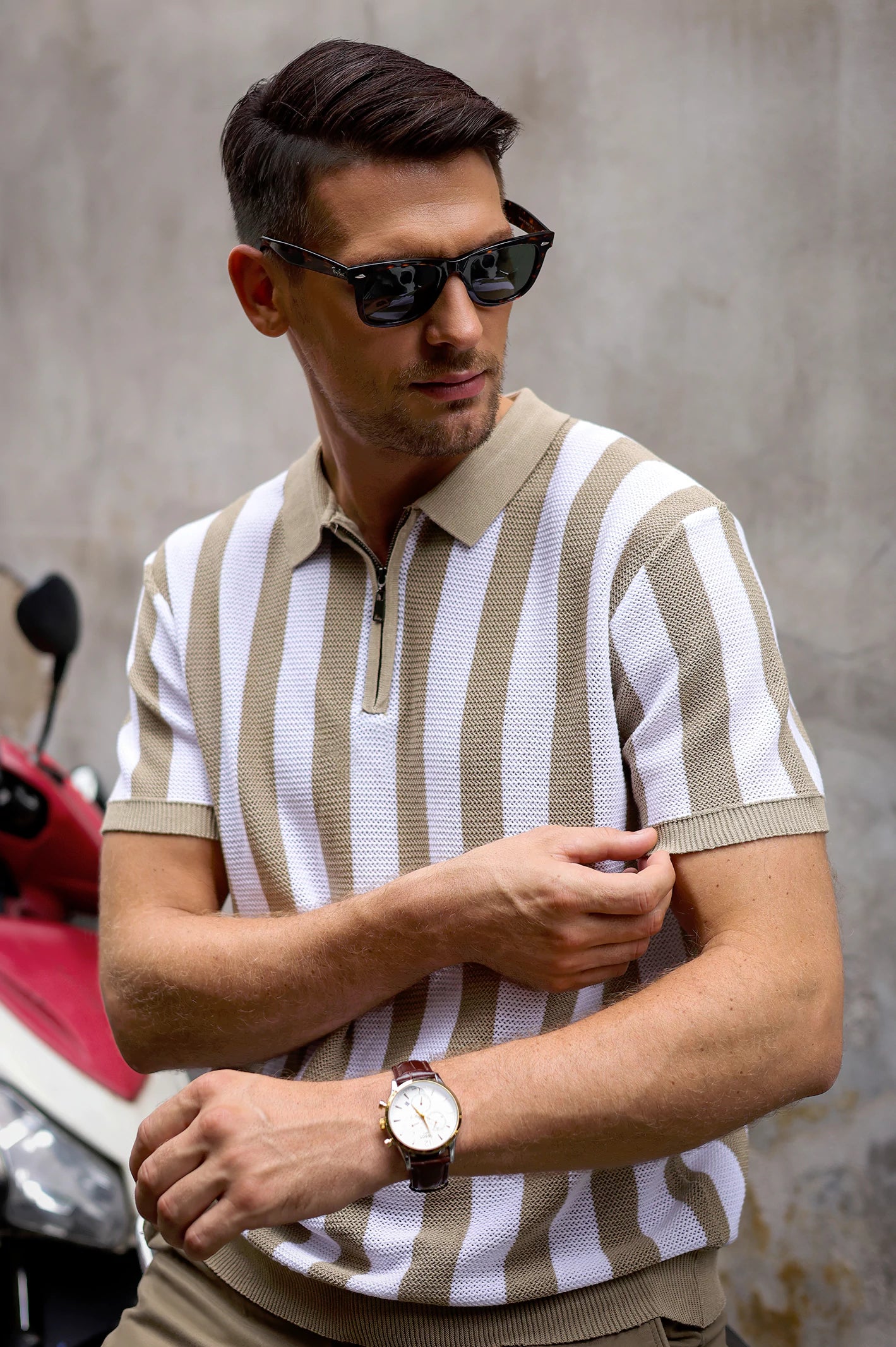 Men's Fawn Striped Flat Knit Polo - Image 4