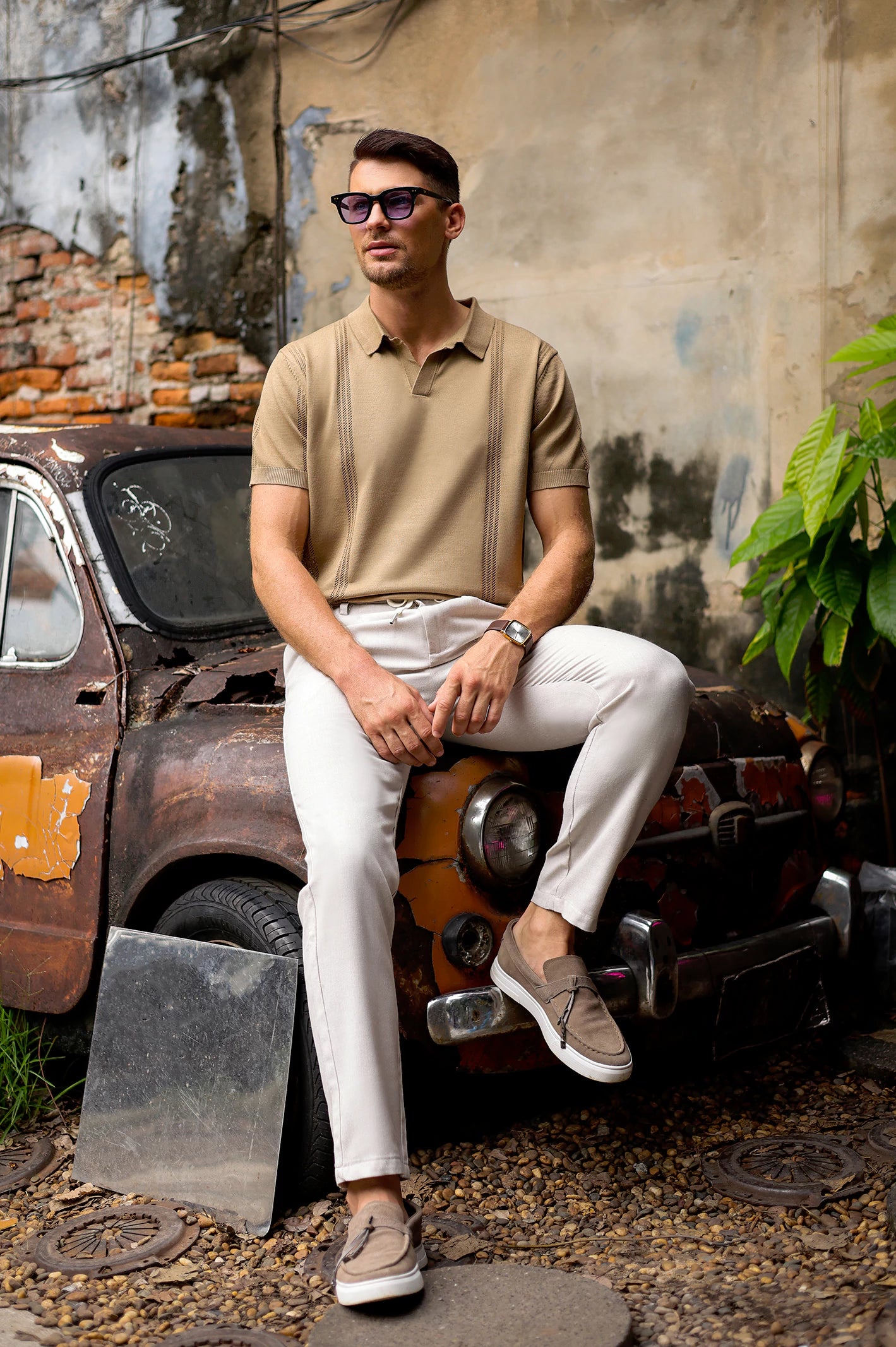 Men's Brown Flat Knit Polo - Image 3