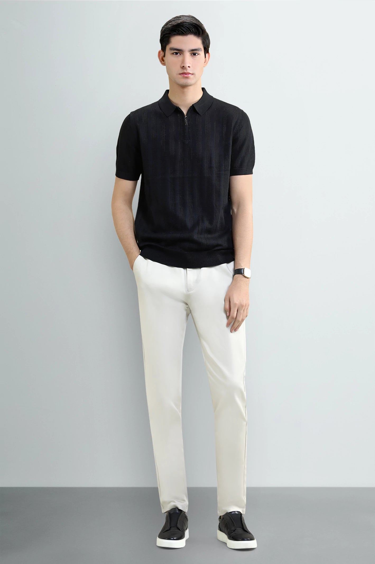 Black Knitted Polo with Quarter-Zip Collar - Image 2