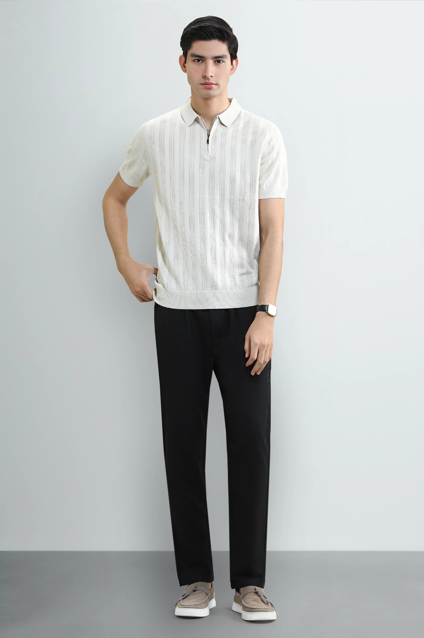 Cream Knitted Polo with Quarter-Zip Collar - Image 2
