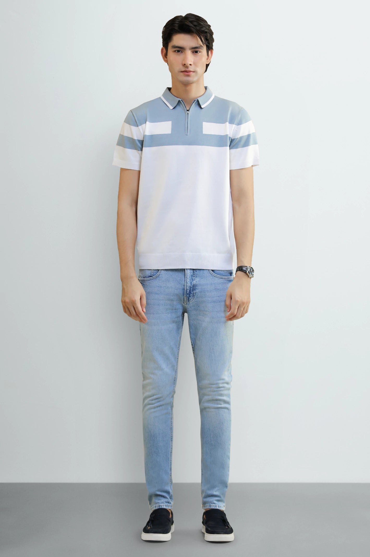 White Striped Zipper Polo Shirt - Image 2