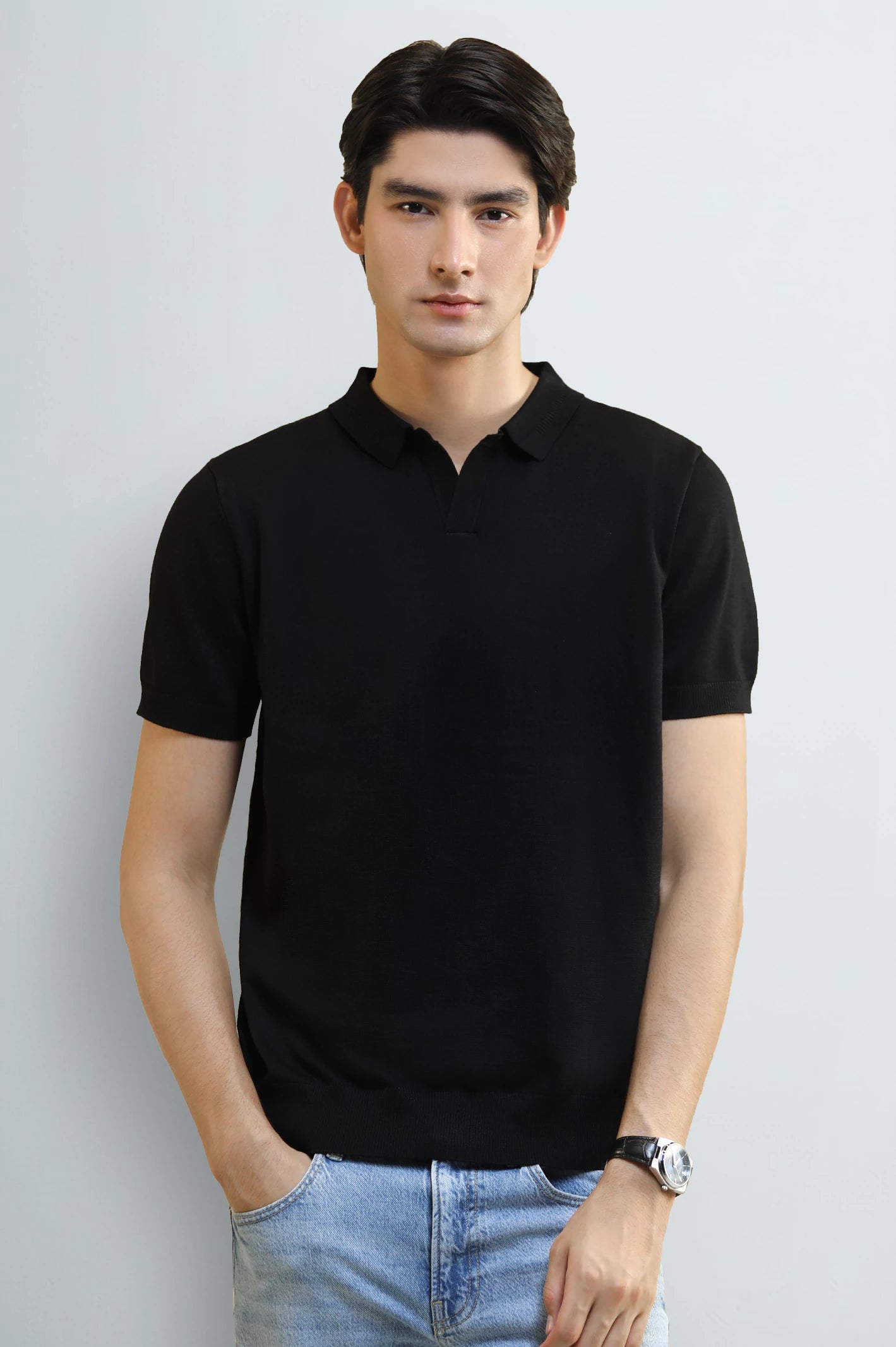 Black Knitted Short Sleeve Polo Shirt