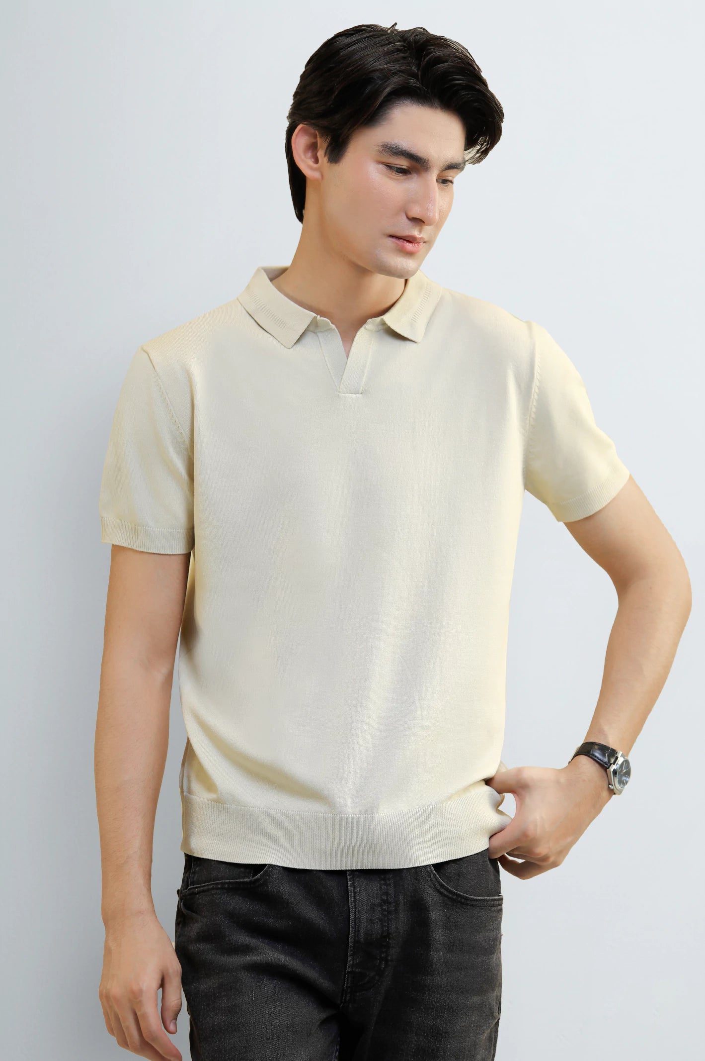 Cream Knitted Short Sleeve Polo Shirt