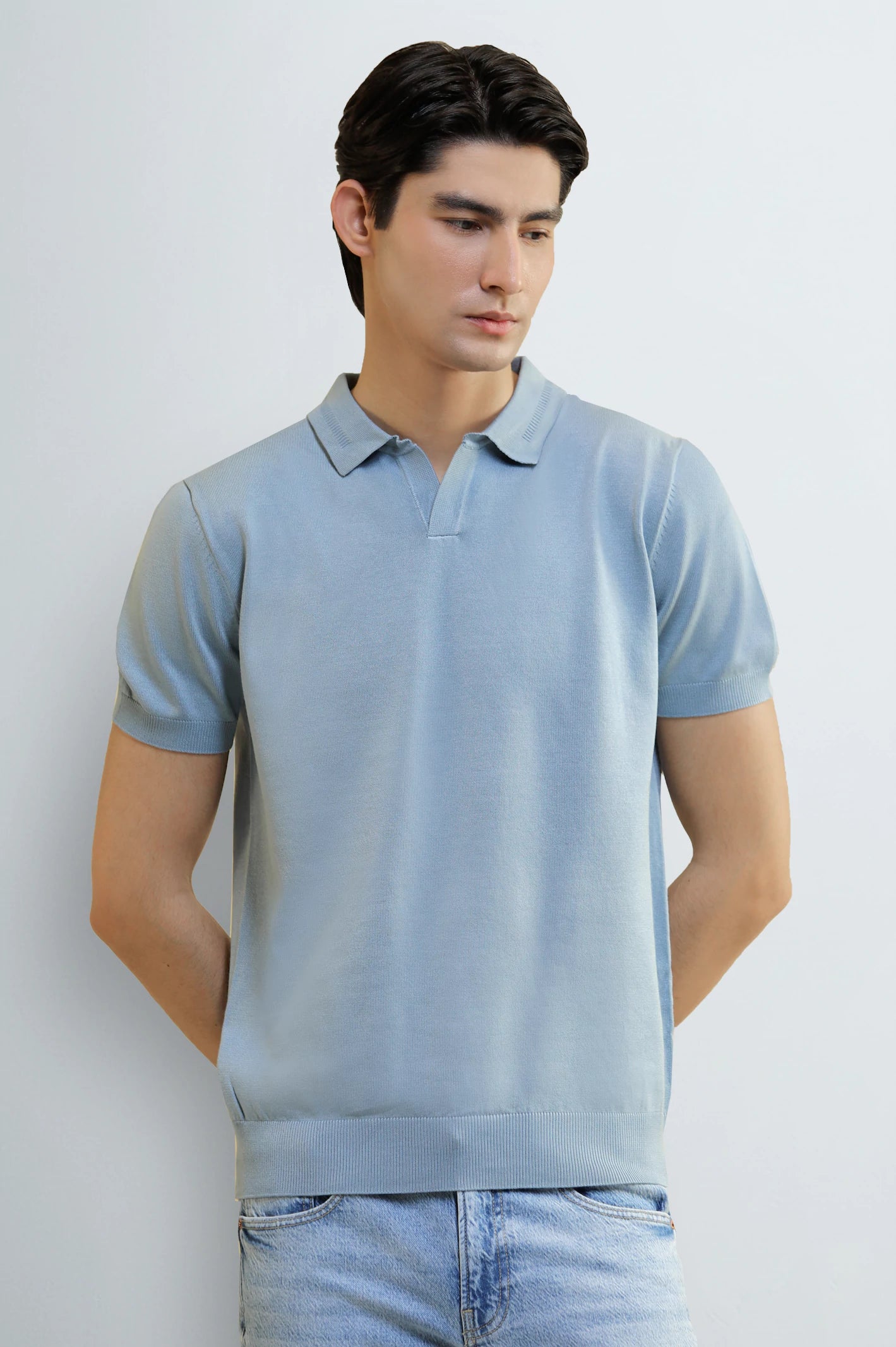 Light Blue Knitted Short Sleeve Polo Shirt