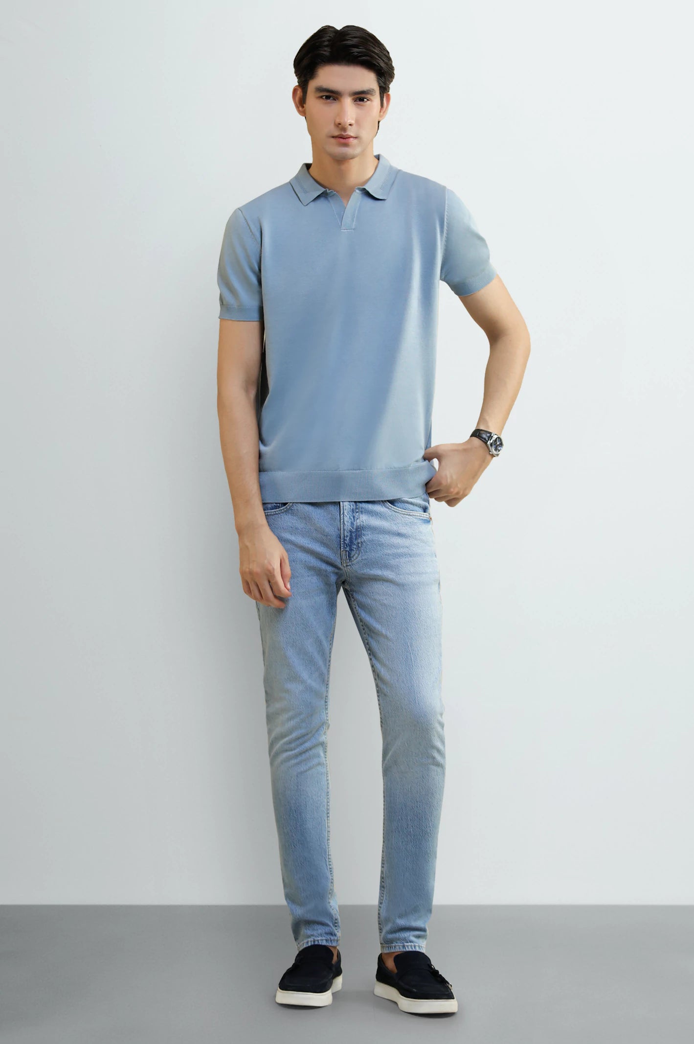 Light Blue Knitted Short Sleeve Polo Shirt - Image 2