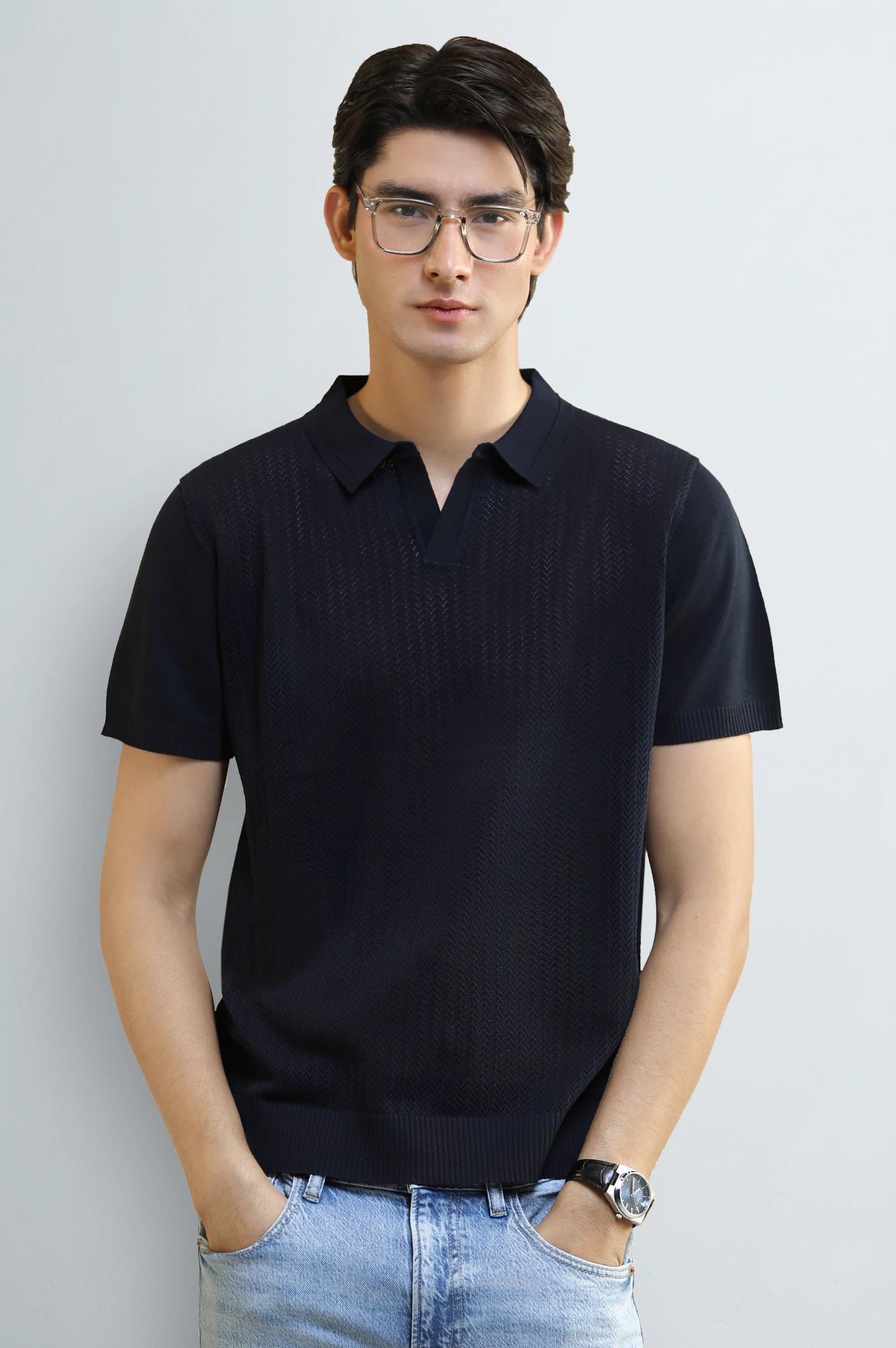 Navy Blue Knitted Polo Shirt