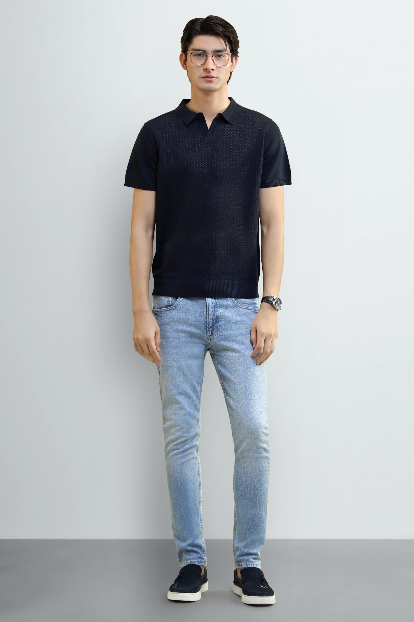 Navy Blue Knitted Polo Shirt - Image 2