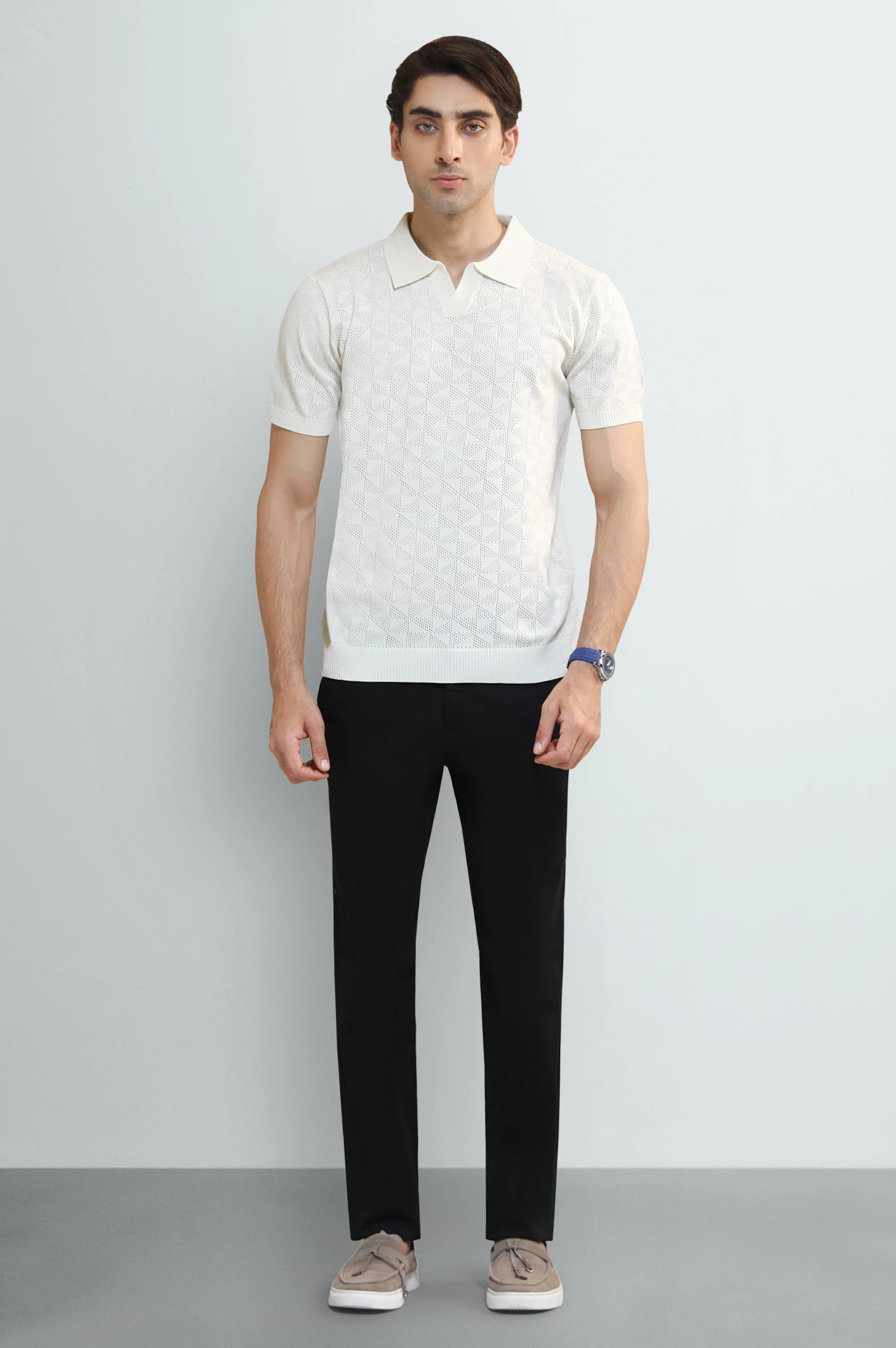 Cream Jacquard Collar Polo - Image 2