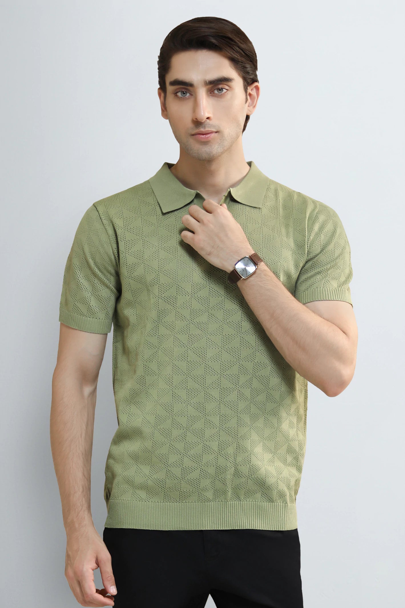 L-Green Jacquard Collar Polo