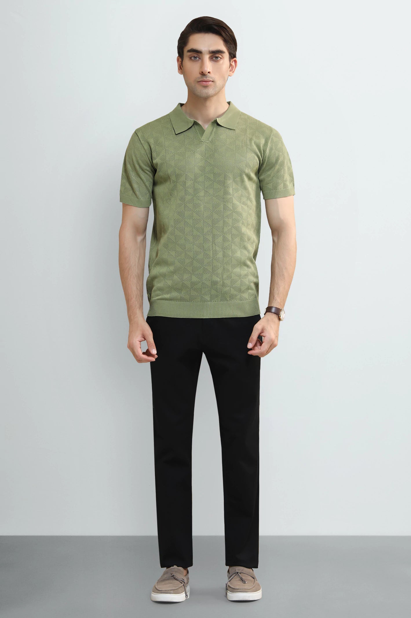 L-Green Jacquard Collar Polo - Image 2