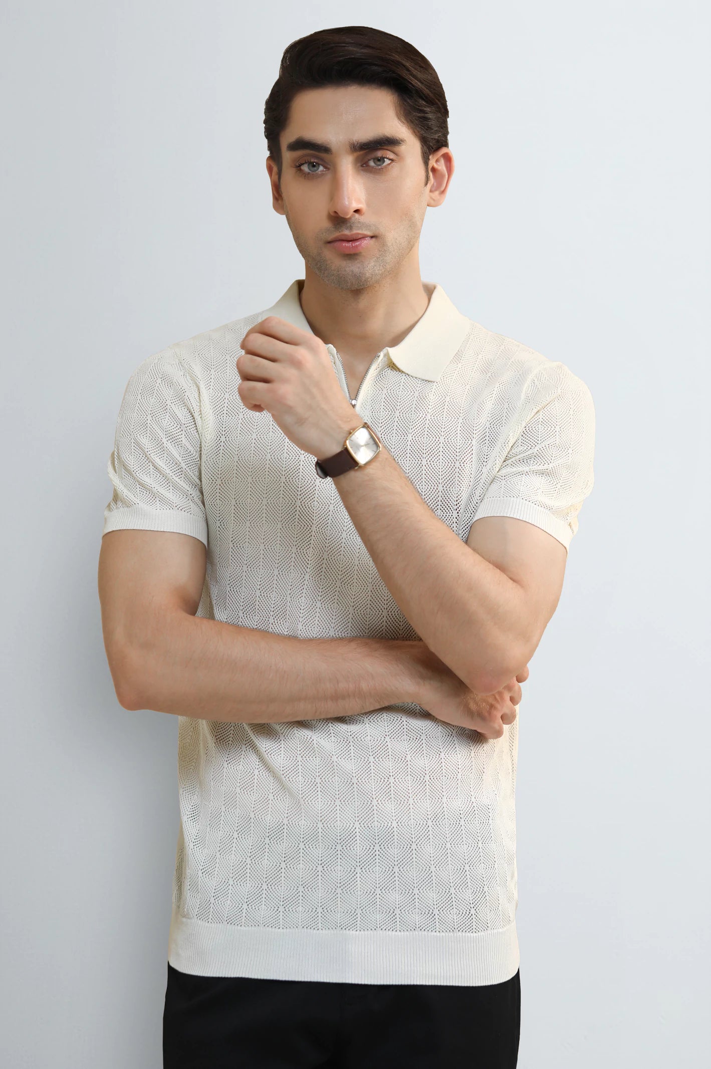Cream Jacquard Collar Polo