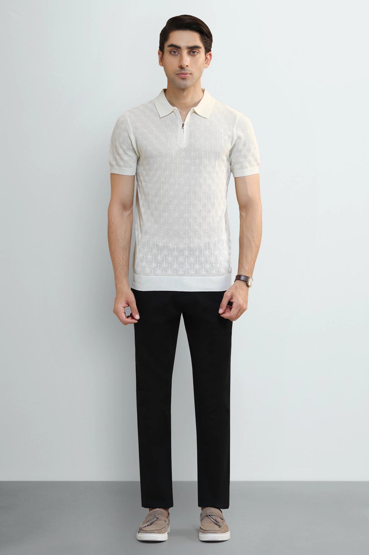 Cream Jacquard Collar Polo - Image 2