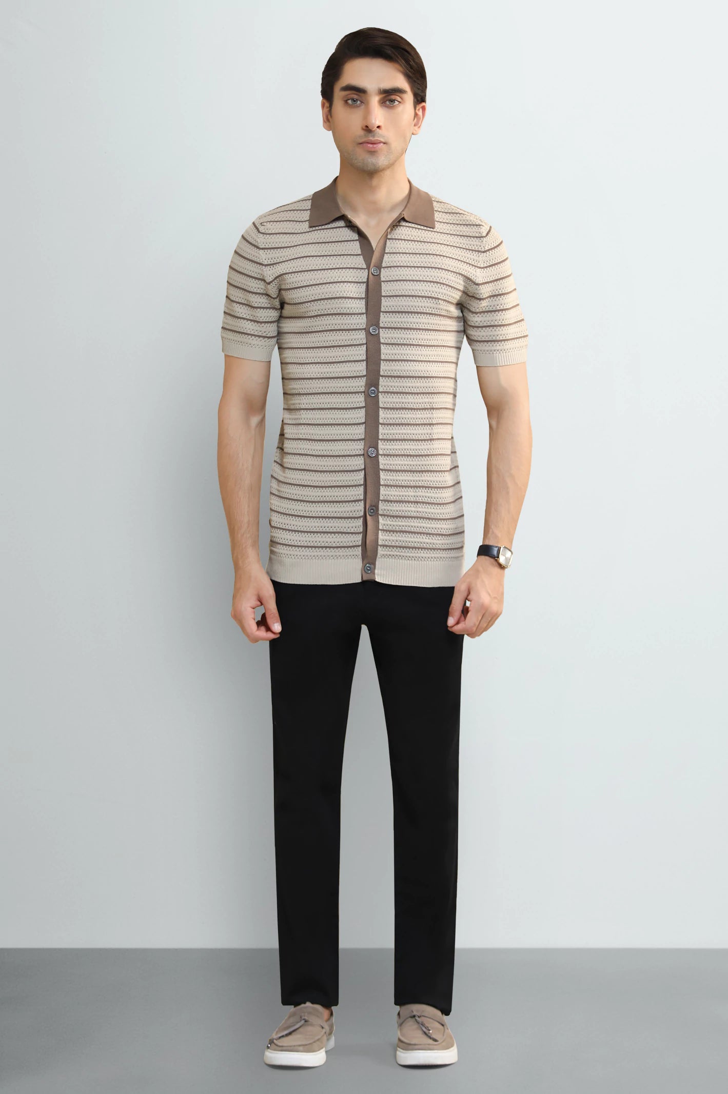 L-Brown Jacquard Collar Polo - Image 2