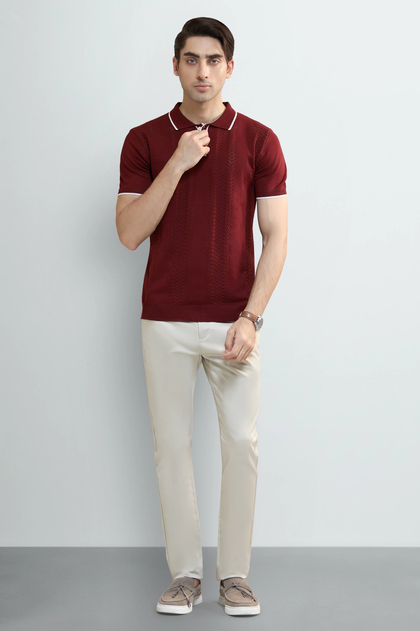 Maroon Jacquard Collar Polo - Image 2