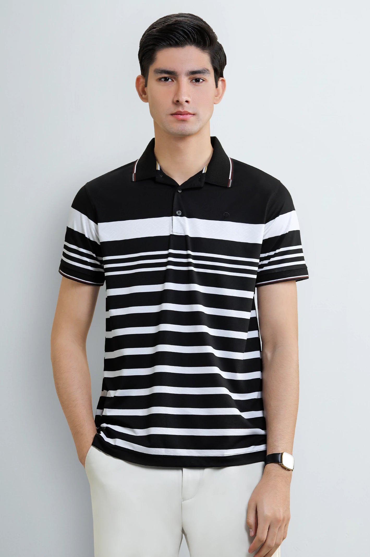 Men's Black Striped Yarn-Dyed Polo