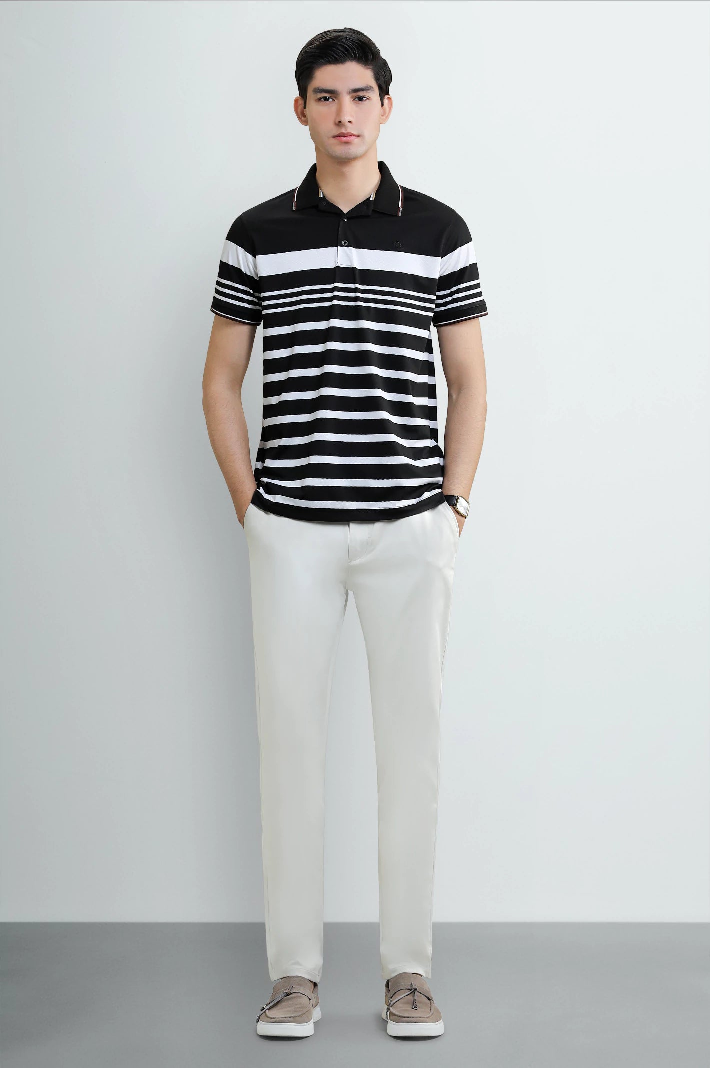 Men's Black Striped Yarn-Dyed Polo - Image 2