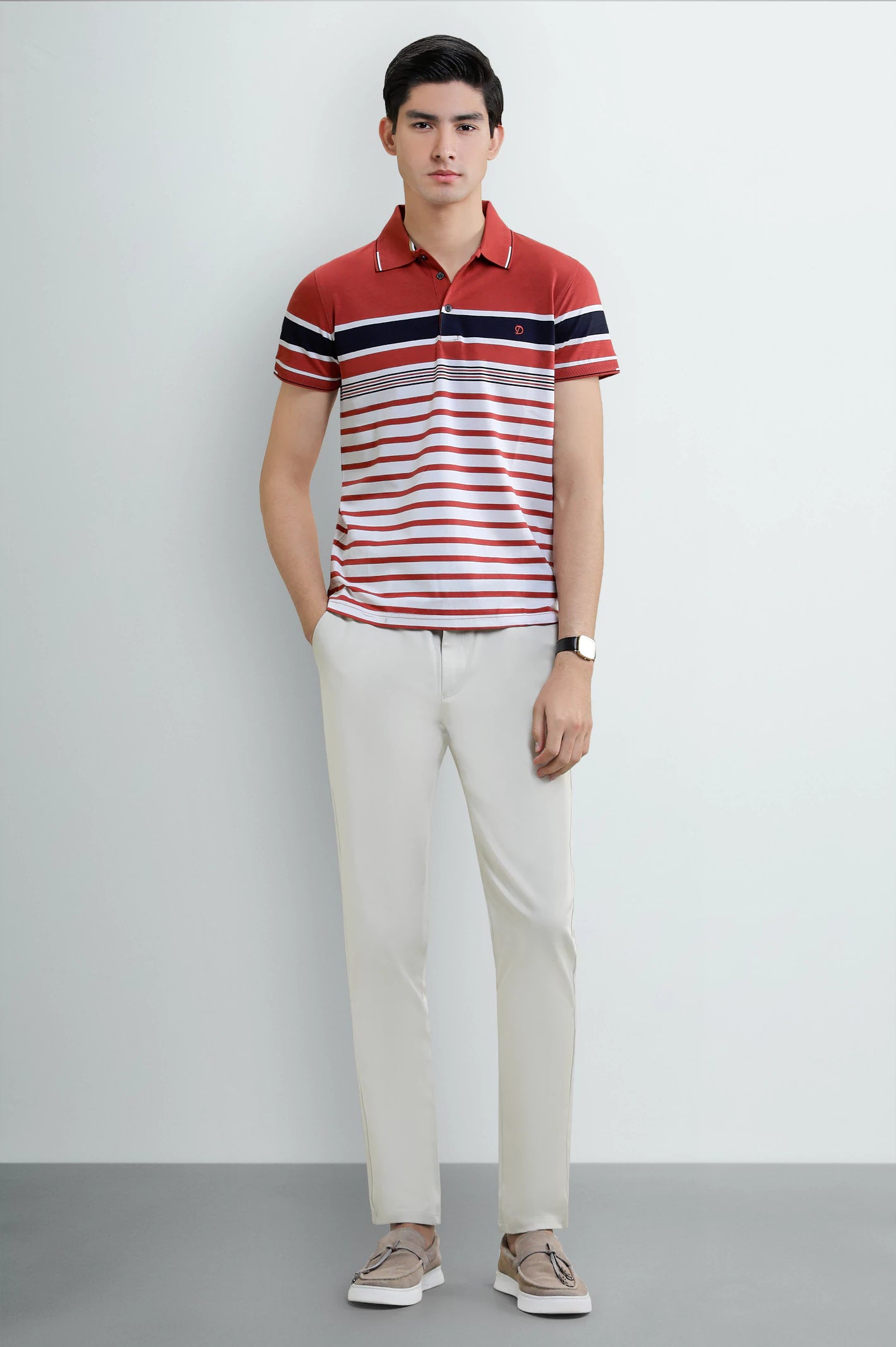 Men's Red & White Striped Yarn-Dyed Polo - Image 2