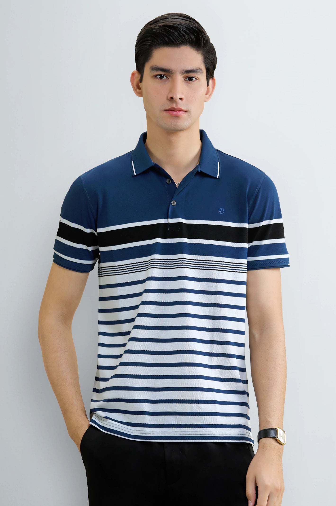 Men's Blue & White Striped Yarn-Dyed Polo