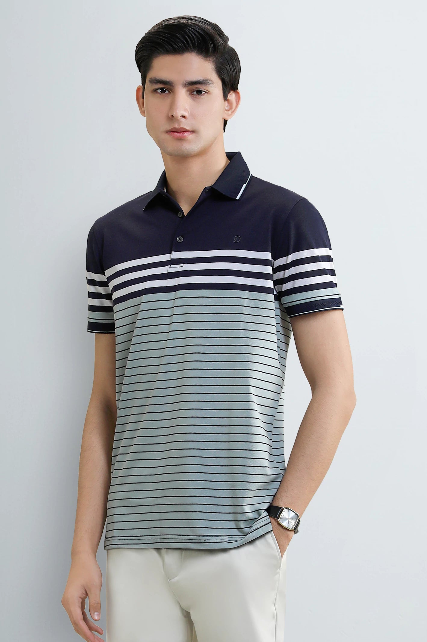 Navy Blue Striped Yarn-Dyed Polo