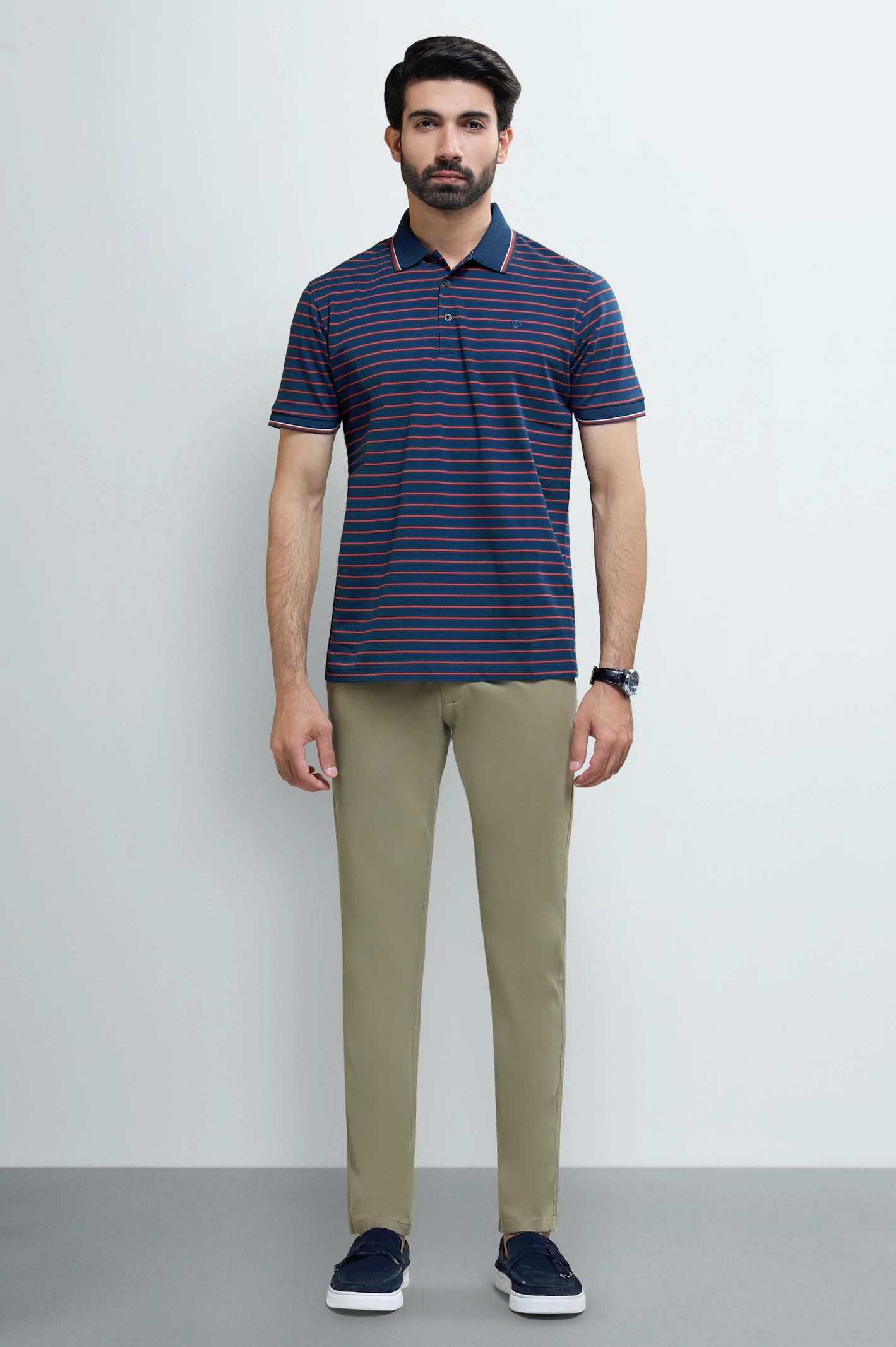 Navy Blue Striped Yarn Dyed Polo - Image 2