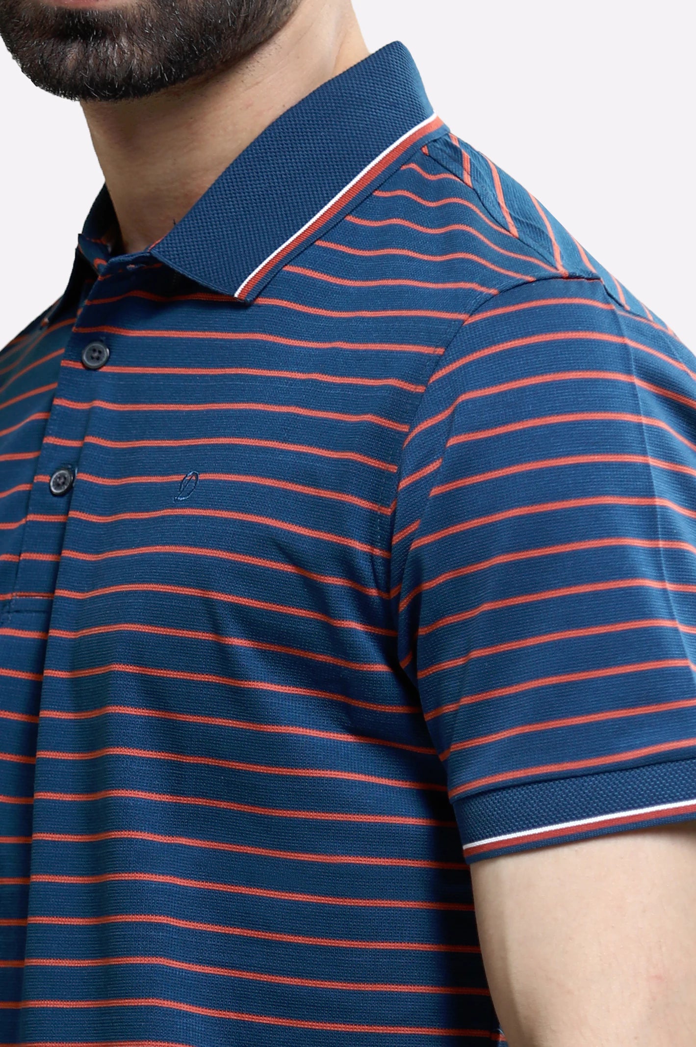Navy Blue Striped Yarn Dyed Polo - Image 3