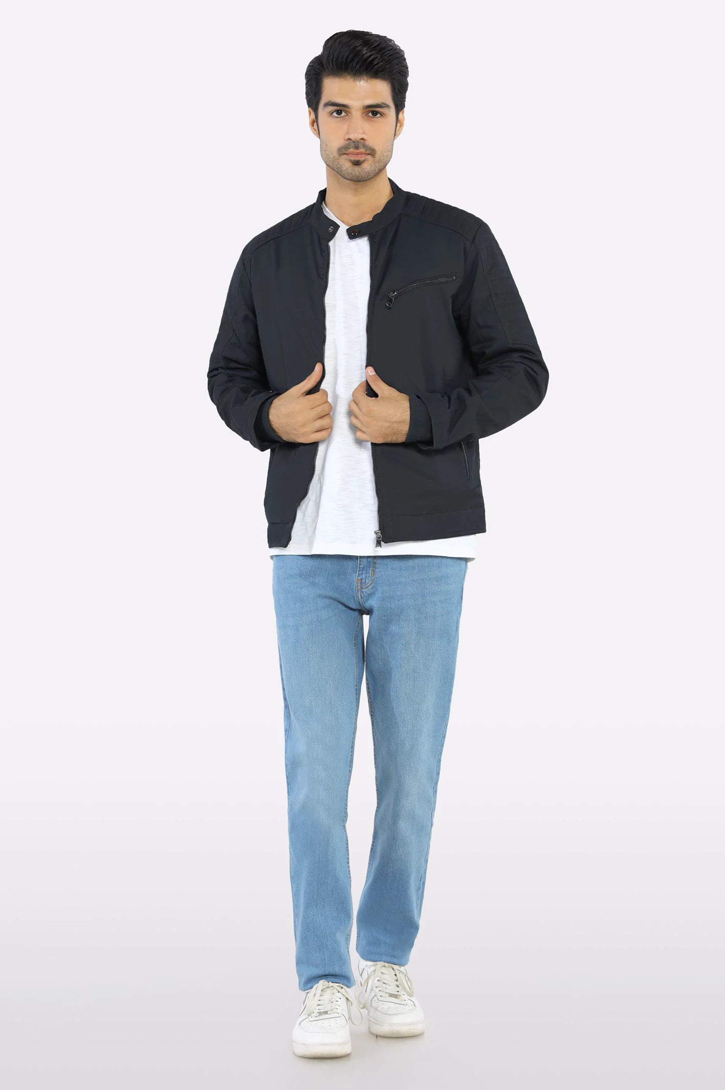 Men's Cafe Racer Cotton Navy Jacket - Image 2