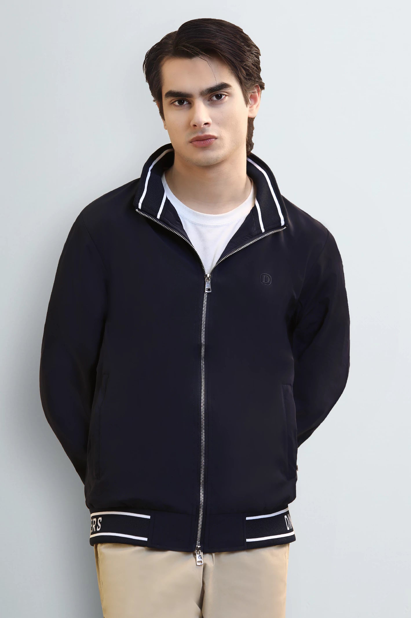 Men's Navy Blue Bomber Jacket with Mock Collar