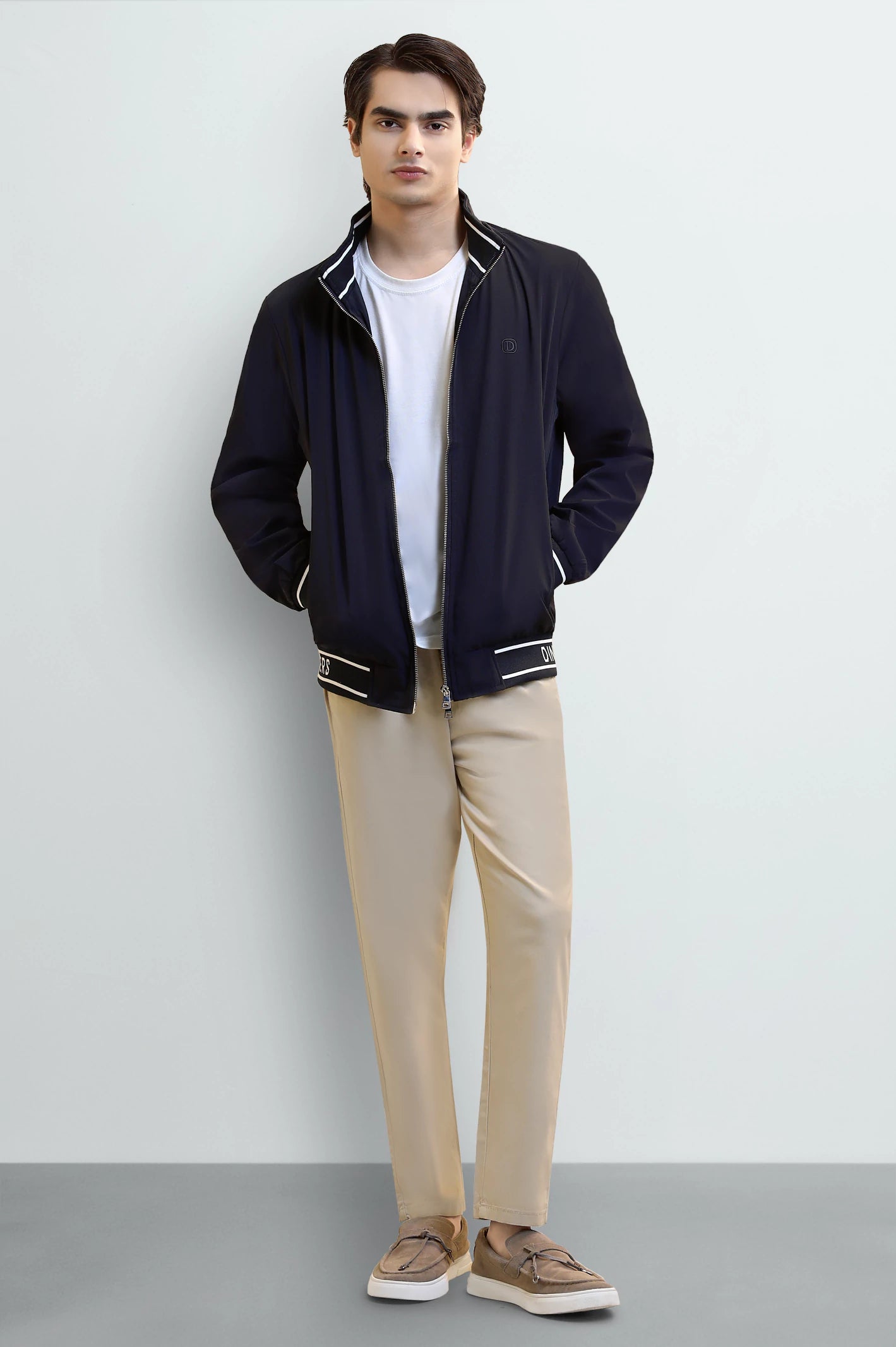 Men's Navy Blue Bomber Jacket with Mock Collar - Image 2